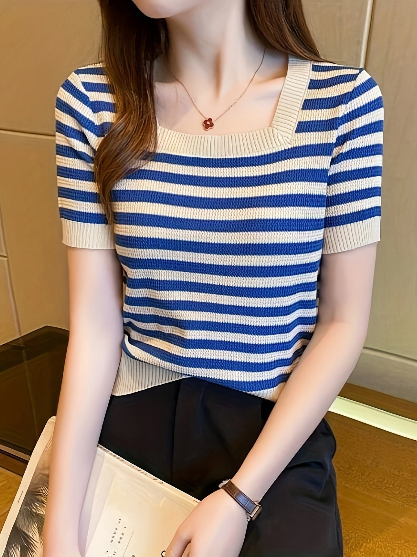 Striped Pattern Square Neck Top, Spring Summer Casual Short Sleeve Blouse, Women's Clothing