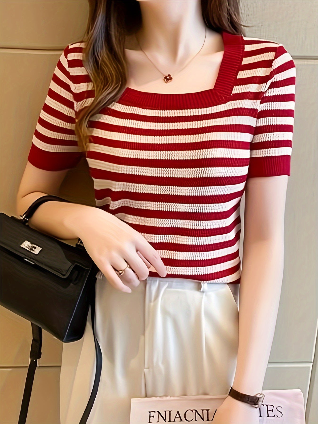 Striped Pattern Square Neck Top, Spring Summer Casual Short Sleeve Blouse, Women's Clothing