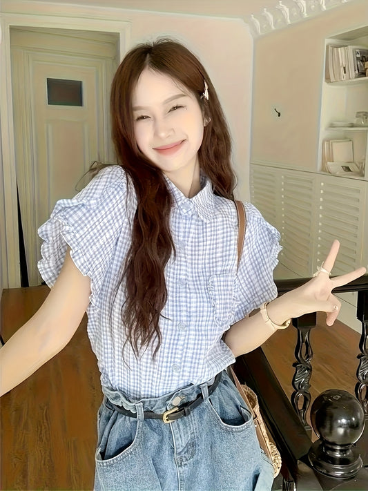 Chic Blue & White Gingham Short Sleeve Blouse with Ruffled Edges - Cute Crew Neck, Button-Up Shirt for Women, Perfect for Summer, Casual or Stylish Outfits, Ladies Blouses