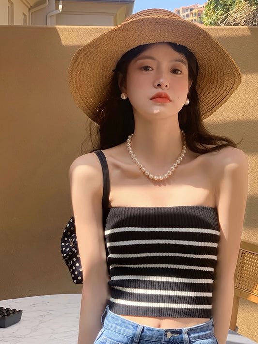 Women'S Sleeveless Casual Vest - Chic Horizontal Stripe Tank Top, Elegant Slim-Fit Strapless Camisole with Contrast Trim, Black & White Stripes, Perfect for Summer Outfits, Ladies Tank Tops
