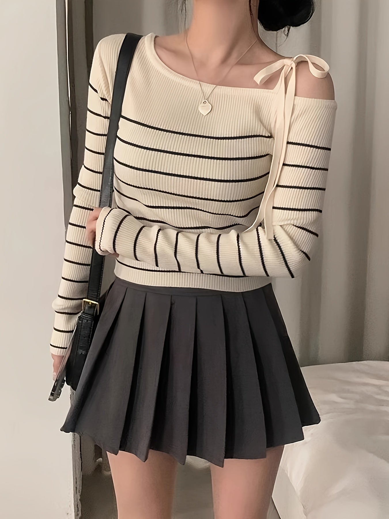 Women's Chic Off-Shoulder Sweater T-Shirt - Black & White Horizontal Stripes, Adjustable Drawstring Neckline, Medium Stretch Top for Fall\u002FWinter, Elegant Casual Everyday Formal Outfits, Fall Fashion, Comfortable Fit