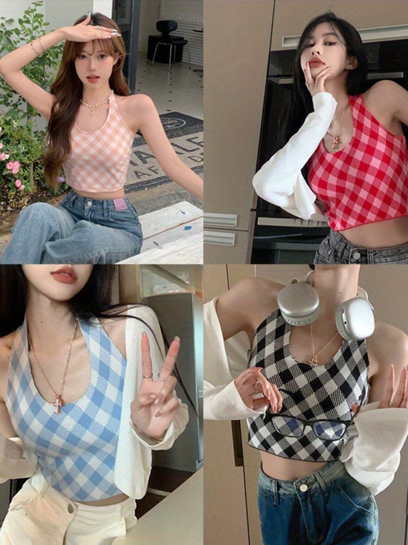Women's Red and White Gingham Halter Crop Top - Sleeveless, Backless, Asymmetrical Cut, Summer Streetwear Tank Top, Ladies Tank Tops