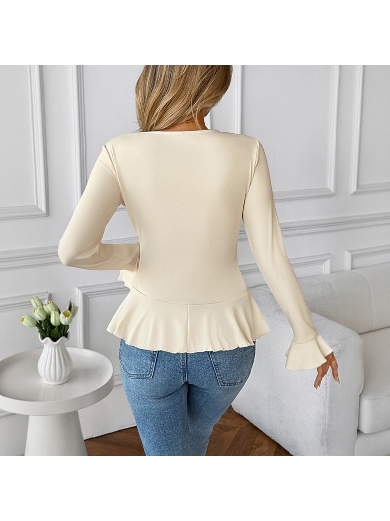 Women's Slim-Fit Ruffled Blouse - Elegant Smock Neck T-Shirt with Ruffle Collar & Short Sleeves, Solid Beige ( White) Top for Spring\u002FFall, Machine Washable Shirt for Casual & Formal Wear