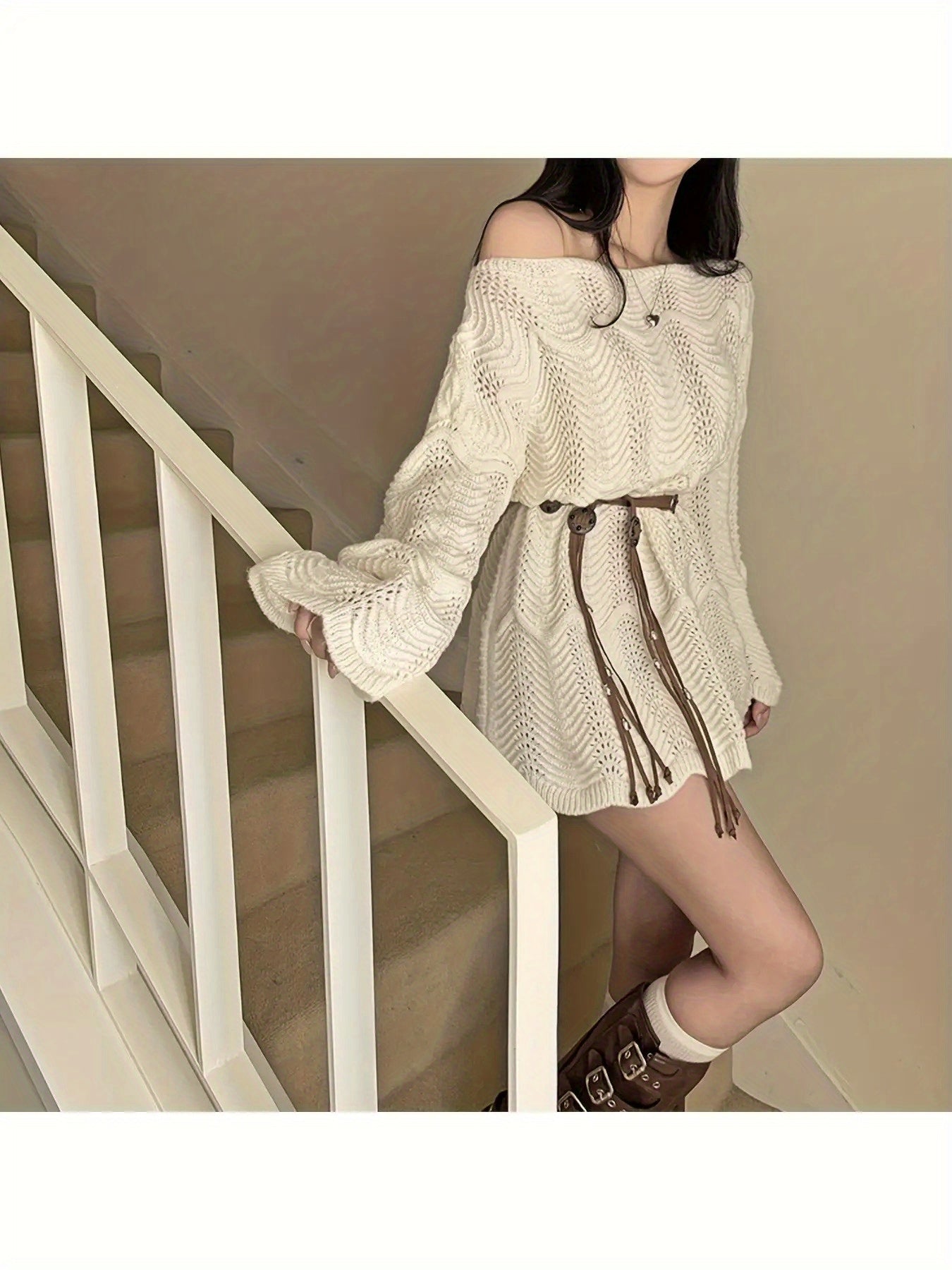 Women's Asymmetric Shoulder Design Loose Versatile Dress with Belt TJ22729