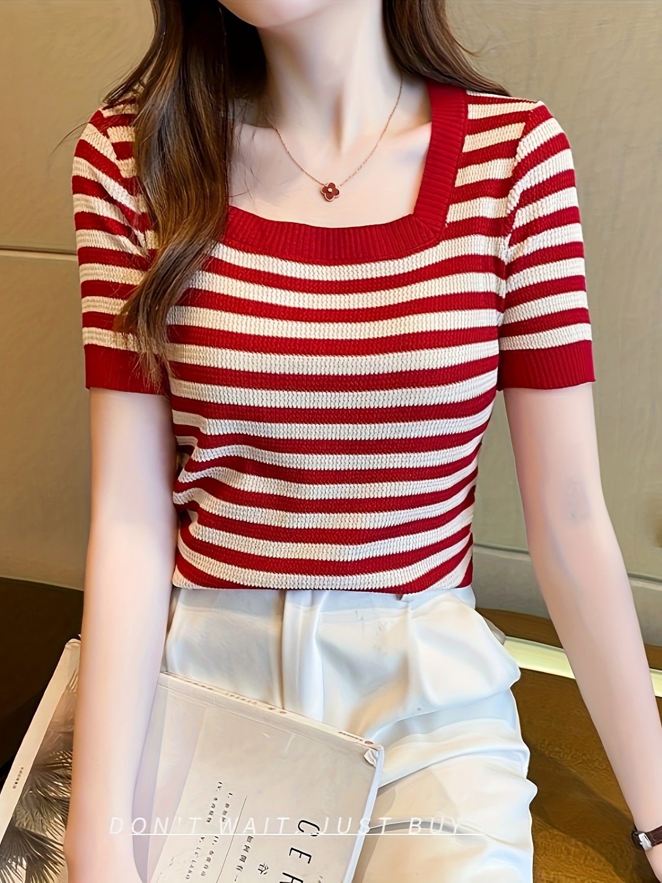 Striped Pattern Square Neck Top, Spring Summer Casual Short Sleeve Blouse, Women's Clothing