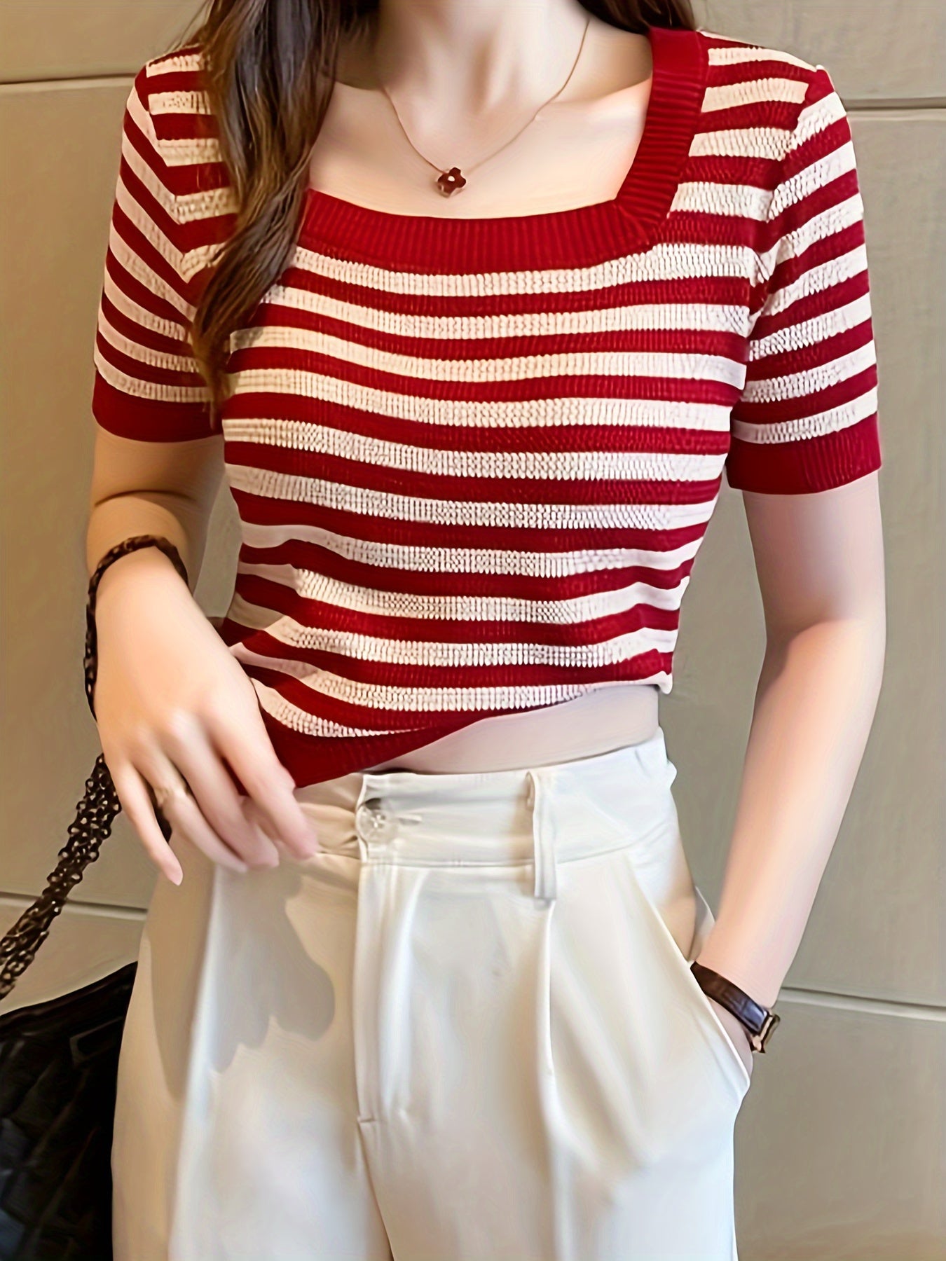 Striped Pattern Square Neck Top, Spring Summer Casual Short Sleeve Blouse, Women's Clothing
