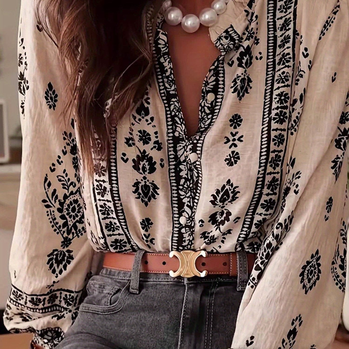 Women Floral V Neck Long Sleeve Blouse Summer Casual Loose Puff Sleeve Chiffon Top Work Boho Shirt