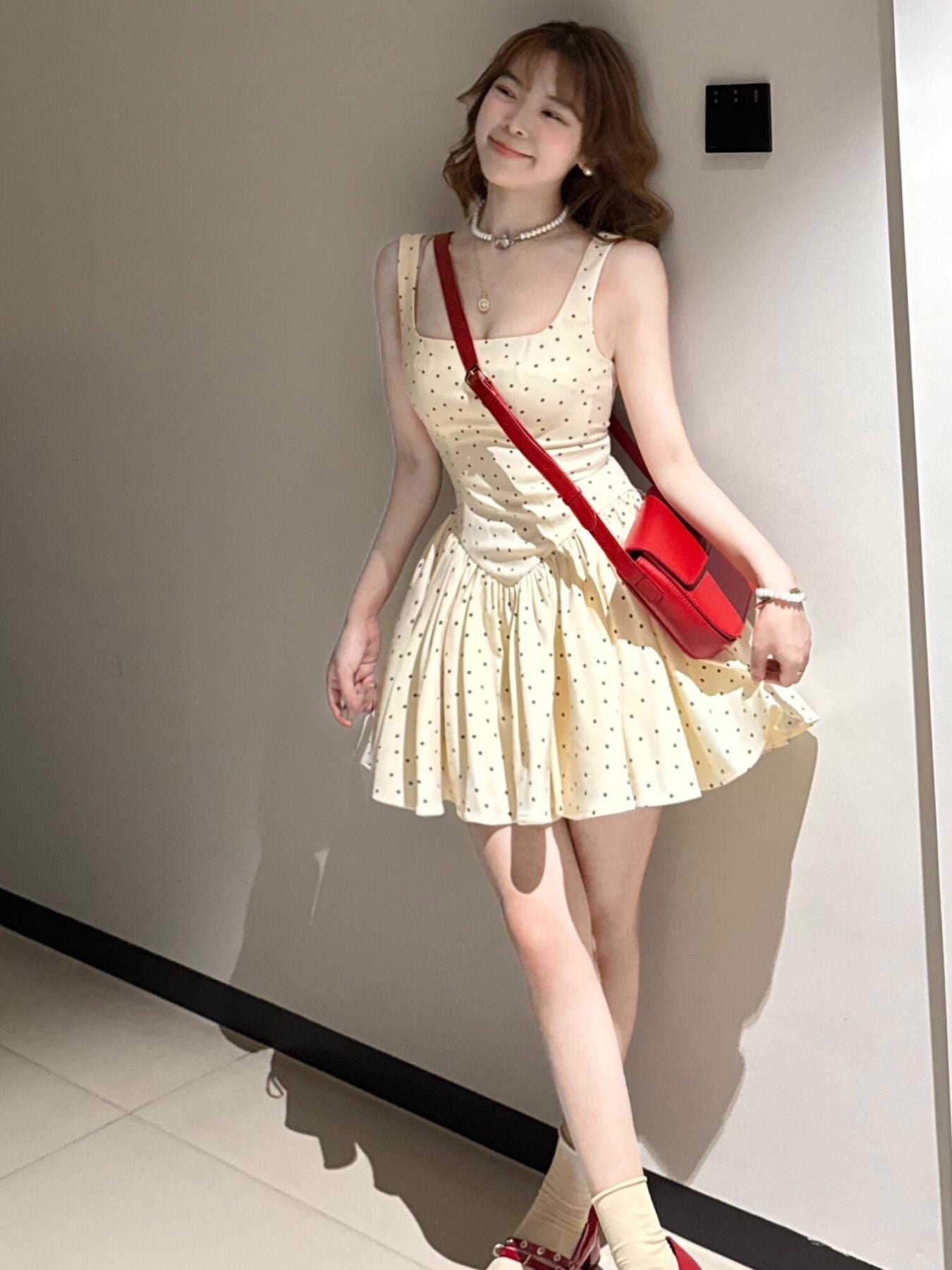 French Chic Dress Summer French-Inspired Polka Dot Dress | Elegant Square Neck Sleeveless Mini Dress for Women - Casual Chic Ruched Detail, Perfect for Petite Figures, 2025 Collection