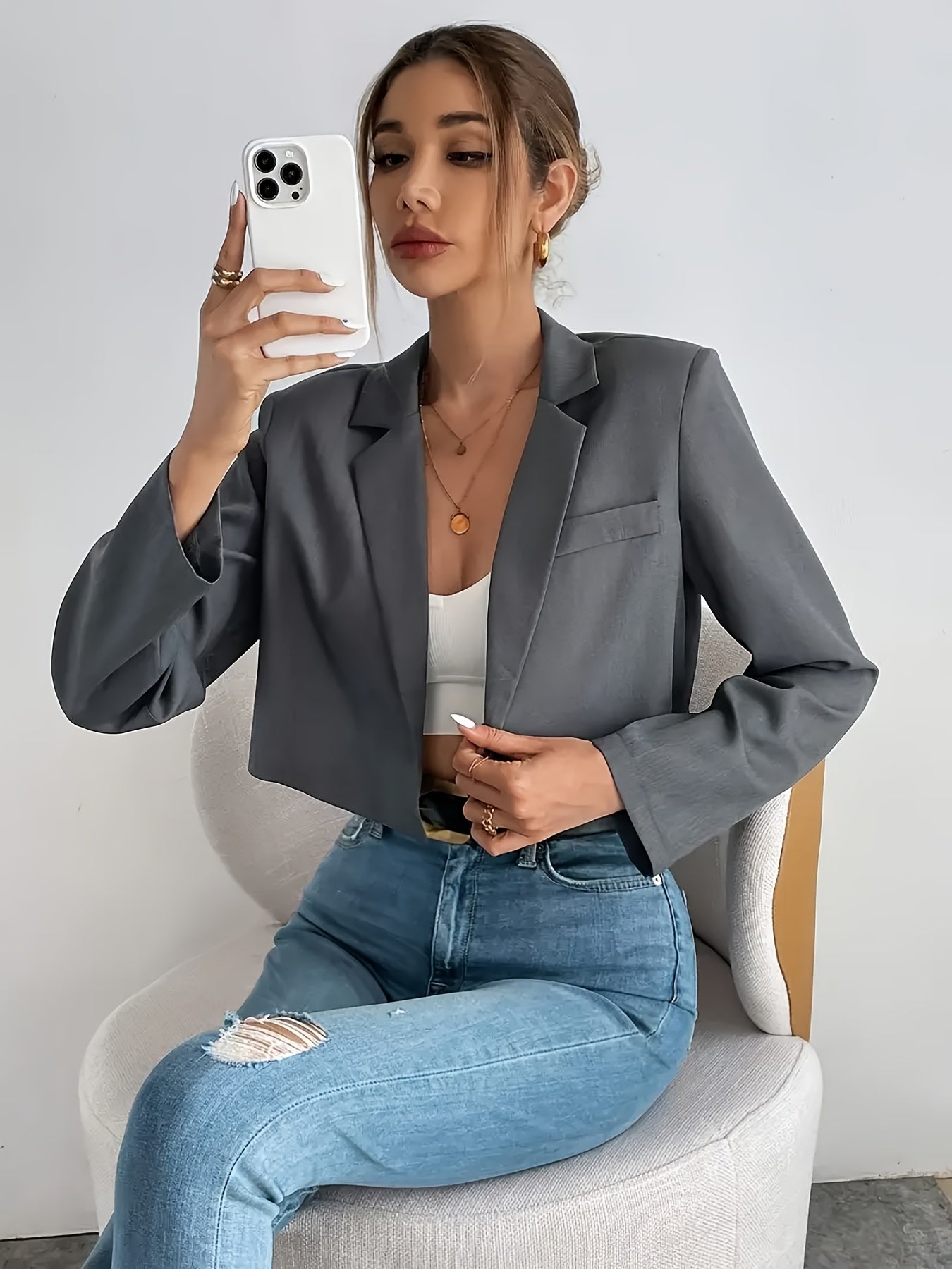 Women'S Stylish Gray Single-Breasted Blazer - Long Sleeve, Cropped Fit, Polyester, Casual to Semi-Formal Wear, Casual Wear Blazer | Cropped Blazer | Polyester Blazer