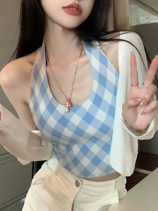 Women's Red and White Gingham Halter Crop Top - Sleeveless, Backless, Asymmetrical Cut, Summer Streetwear Tank Top, Ladies Tank Tops