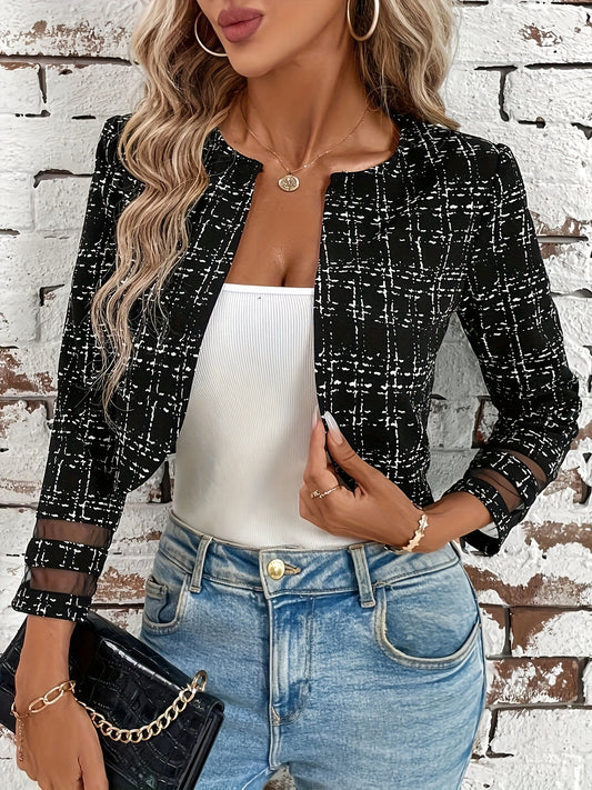 Women's Elegant Vintage-Inspired Grid & Floral Print Jacket - Long Sleeve Mesh Panel Blazer with Round Neck, Machine Washable Medium Stretch for Spring\u002FFall Casual & Formal Wear, Sophisticated Tailoring