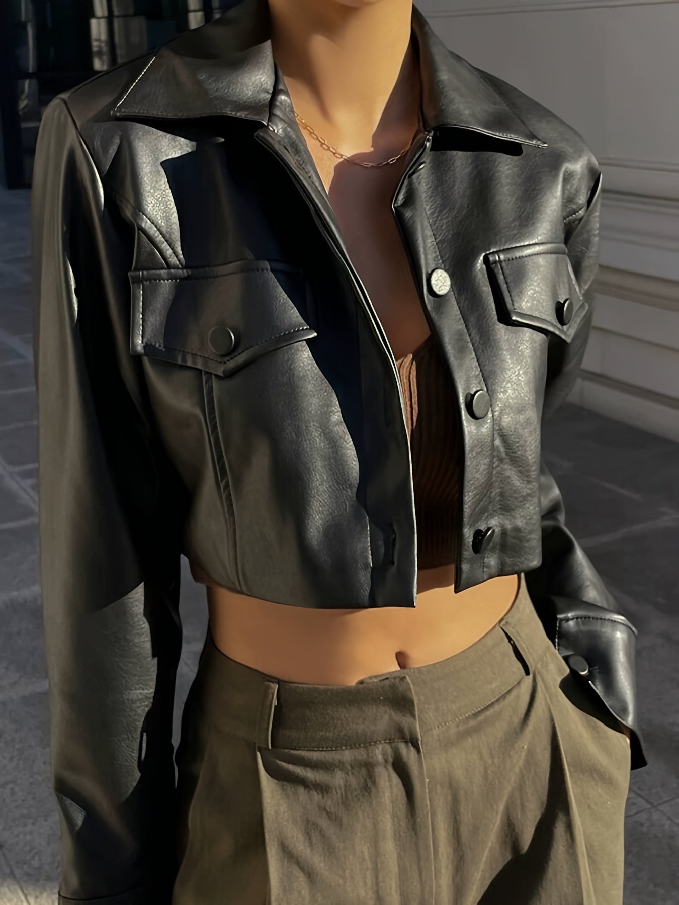 Women's Black Motorcycle Jacket Short Crop Lapel Coat - Slim-Fit H-Line Silhouette, Single-Breasted Button Front with Chest Pocket, All-Season Casual Outerwear (No Belt) for Jeans & Dresses, Machine Washable