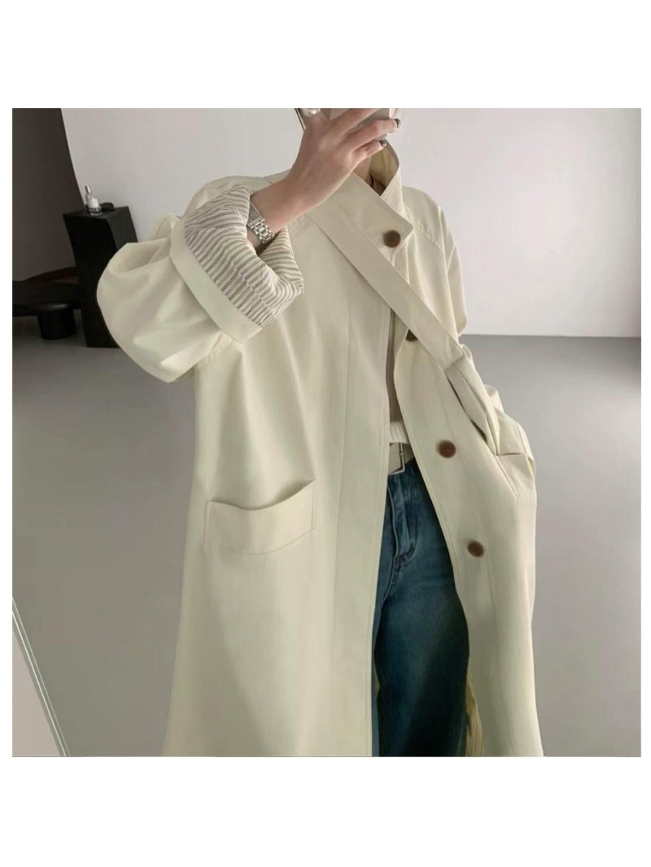 Women's Korean-Style Oversized Trench Coat - Beige with Dark Brown Button Closure, Belt-Accent Collar, All-Season Long Coat for Petite & Short Women, Casual to Professional Wear (Hand Washable, 2025 New Model) by Ding Darwin