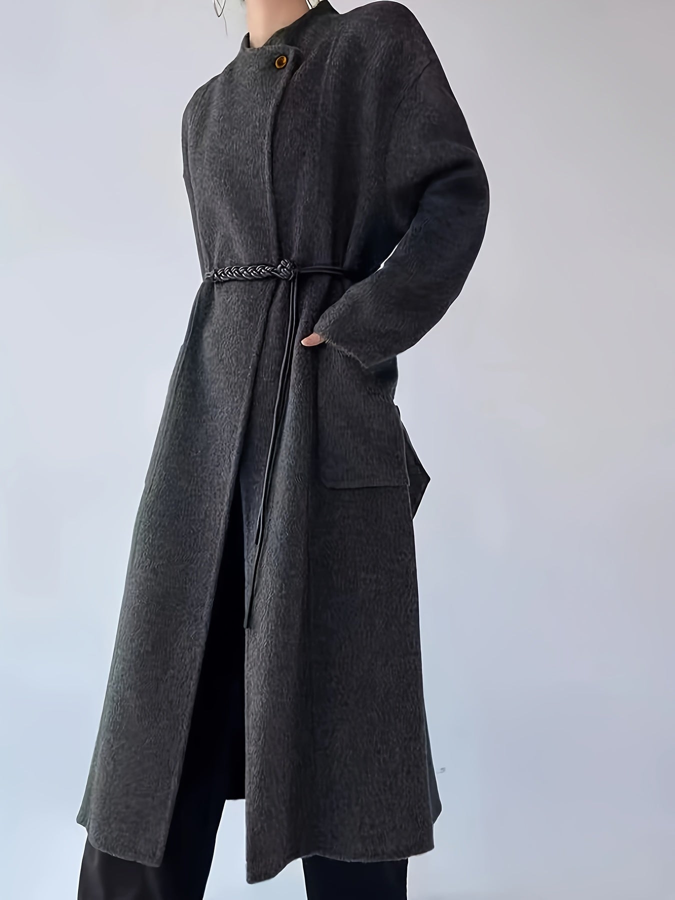 Women'S Elegant Long Coat with Adjustable Belt - Slim Fit, Solid Color, Long Sleeve, Loose Fit, X-Style Design for Fall\u002FWinter, Elegant Outerwear | Slim Fit Coat | Structured Coat