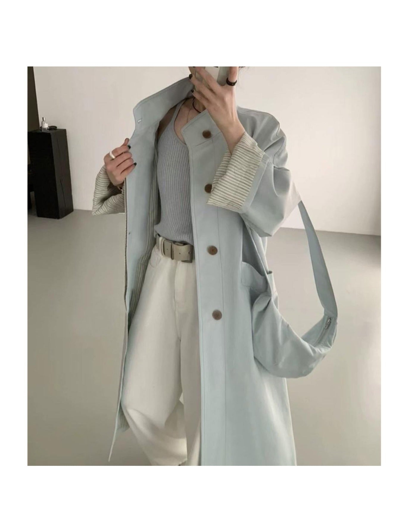 Women's Korean-Style Oversized Trench Coat - Beige with Dark Brown Button Closure, Belt-Accent Collar, All-Season Long Coat for Petite & Short Women, Casual to Professional Wear (Hand Washable, 2025 New Model) by Ding Darwin