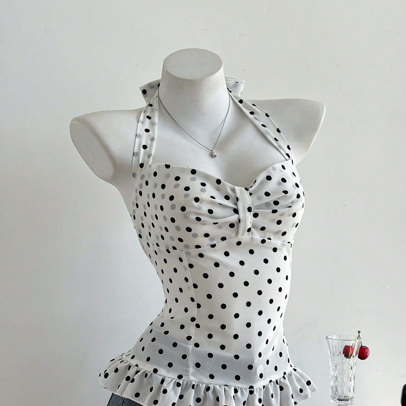 Black & White Contrast Women's Summer Halter Top with Polka Dots & Ruffle Detail - Sleeveless, Asymmetrical Hem, Casual Beachwear, Beachwear Top | Ruffle Detail Top | Stretchy Fabric