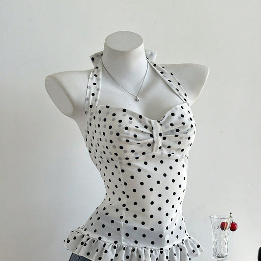 Black & White Contrast Women's Summer Halter Top with Polka Dots & Ruffle Detail - Sleeveless, Asymmetrical Hem, Casual Beachwear, Beachwear Top | Ruffle Detail Top | Stretchy Fabric