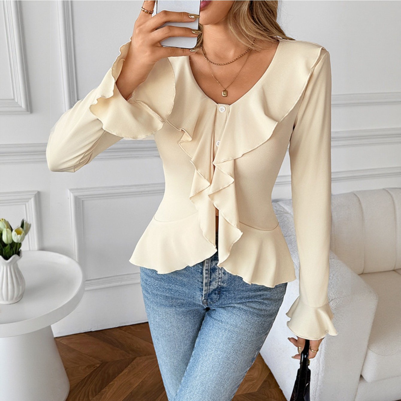 Women's Slim-Fit Ruffled Blouse - Elegant Smock Neck T-Shirt with Ruffle Collar & Short Sleeves, Solid Beige ( White) Top for Spring\u002FFall, Machine Washable Shirt for Casual & Formal Wear