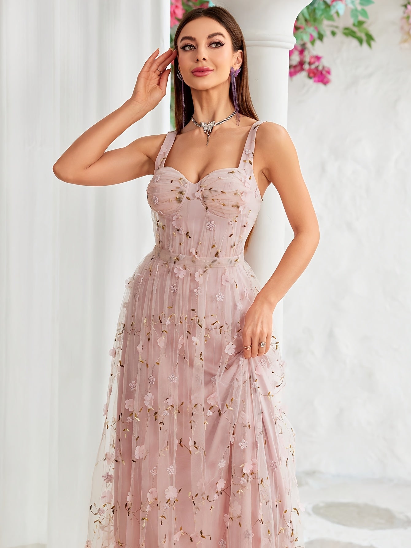 Women's Elegant Off-Shoulder 3D Floral Embroidery Dress with Lace Panels, Waist Folds & Flared A-Line Long Skirt - Hand Wash Only, All-Season Formal & Casual Wear, Special Occasion Gown, Sophisticated Style, Highquality Embroidery