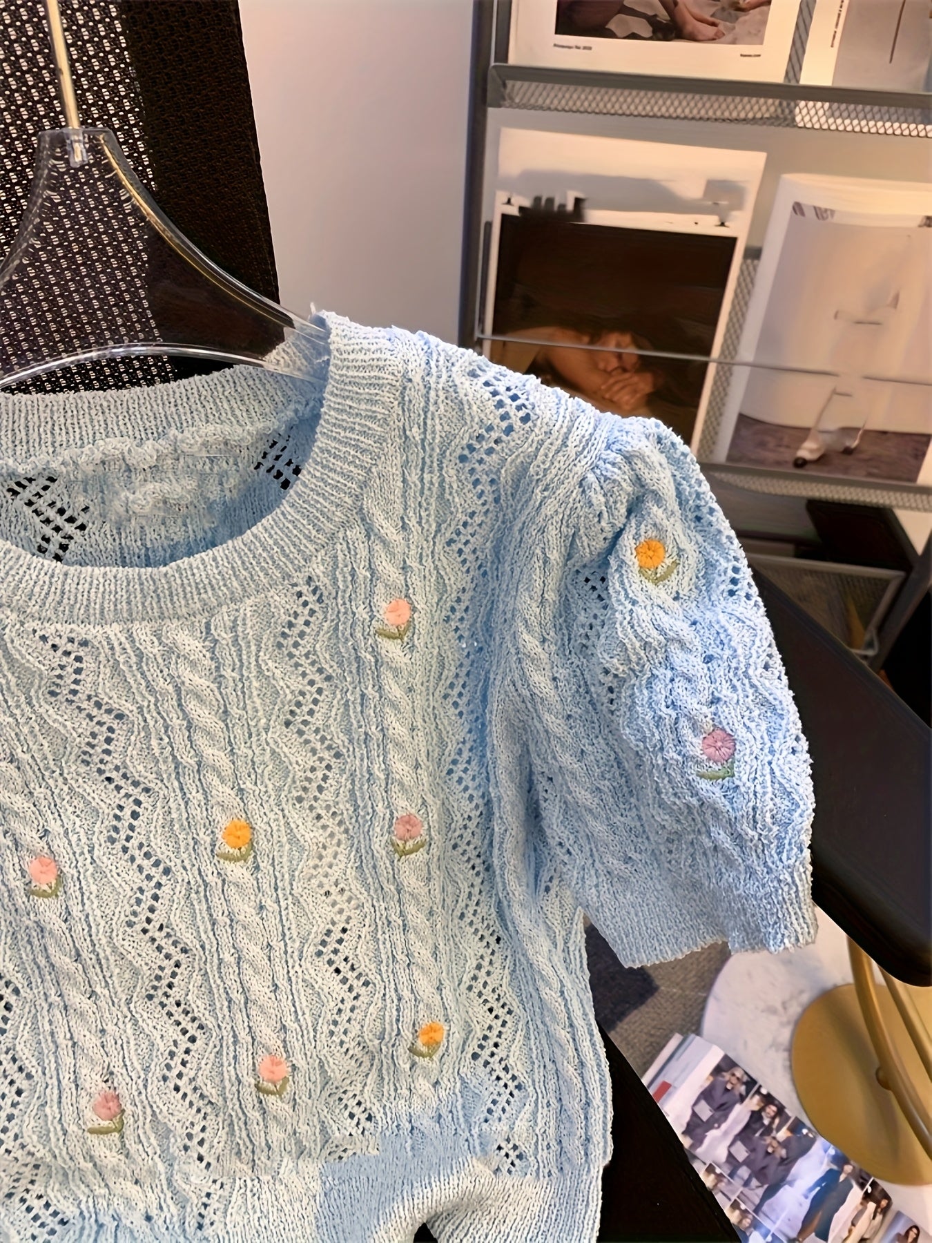 Elegant Lace Top Elegant Women's Light Blue Floral Lace Top | Short Sleeve Blouse with Puff Sleeves, Round Neck, and Delicate Embroidery for Spring\u002FSummer\u002FFall