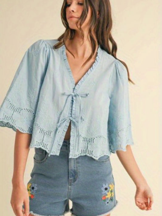 Women's Pink Cropped Blouse - V-Neck Tie Detail & Bubble Sleeves Retro Romantic Top, Short Sleeve Non-Stretch Shirt for Casual Daily Wear & Holiday Outfits, Elegant Special Collection