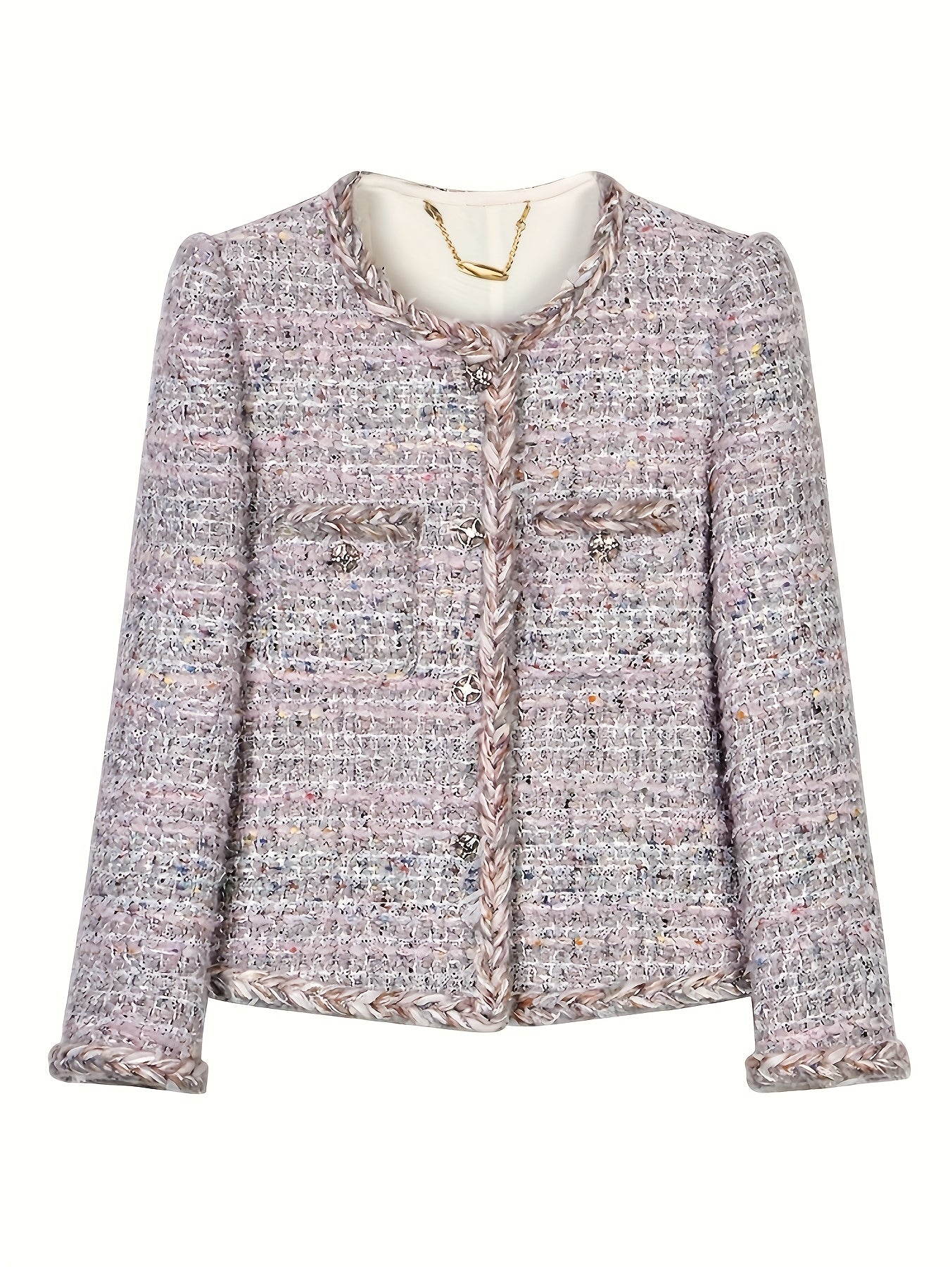 Women'S Casual H-Shaped Multi-Yarn Woven Jacket, Long Sleeves, Polyester And Spandex Blend, Plaid Pattern, Non-Waterproof, Regular Fit, Single-Breasted Round Neck Tweed Jacket Top