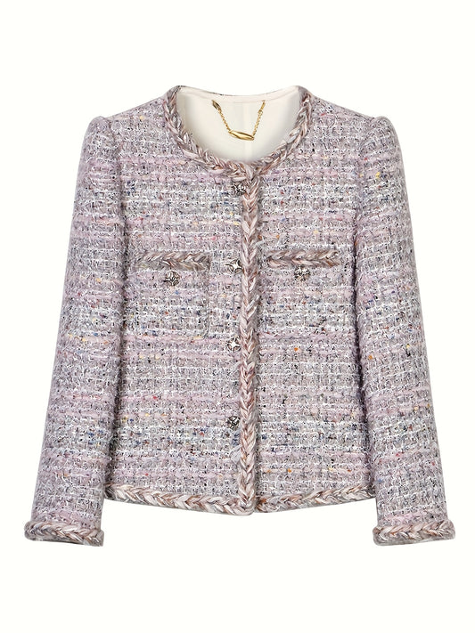 Women'S Casual H-Shaped Multi-Yarn Woven Jacket, Long Sleeves, Polyester And Spandex Blend, Plaid Pattern, Non-Waterproof, Regular Fit, Single-Breasted Round Neck Tweed Jacket Top