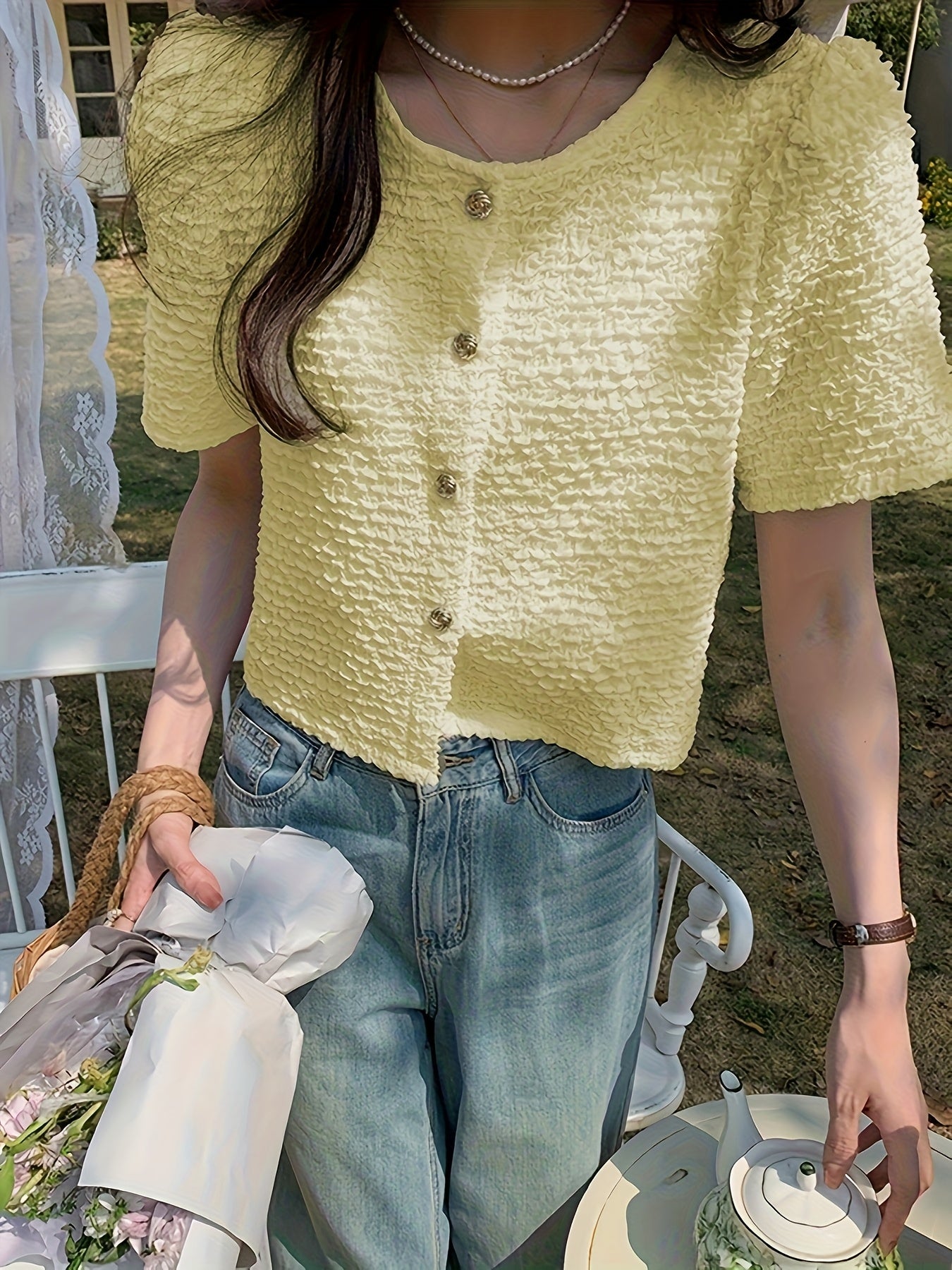Summer New Unique And Beautiful Women'S French Style Shirt, Round Neck Short Sleeve, Button Up, Regular Fit, No Belt, No Padding, for Spring\u002FSummer\u002FFall