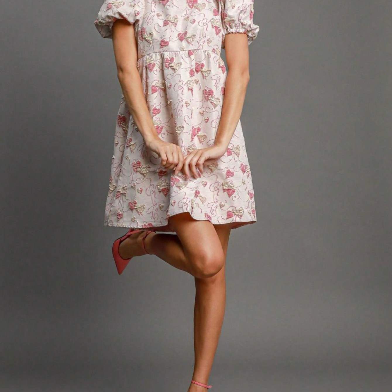 Women's Casual Babydoll Dress Cute Heart Jacquard Mini Dress Pink White Lightweight Textured Fabric Square Neck Puff Short Sleeves High Empire Waist Perfect For Spring\u002FSummer\u002FFall Bridal Showers Daytime Events Celebrations