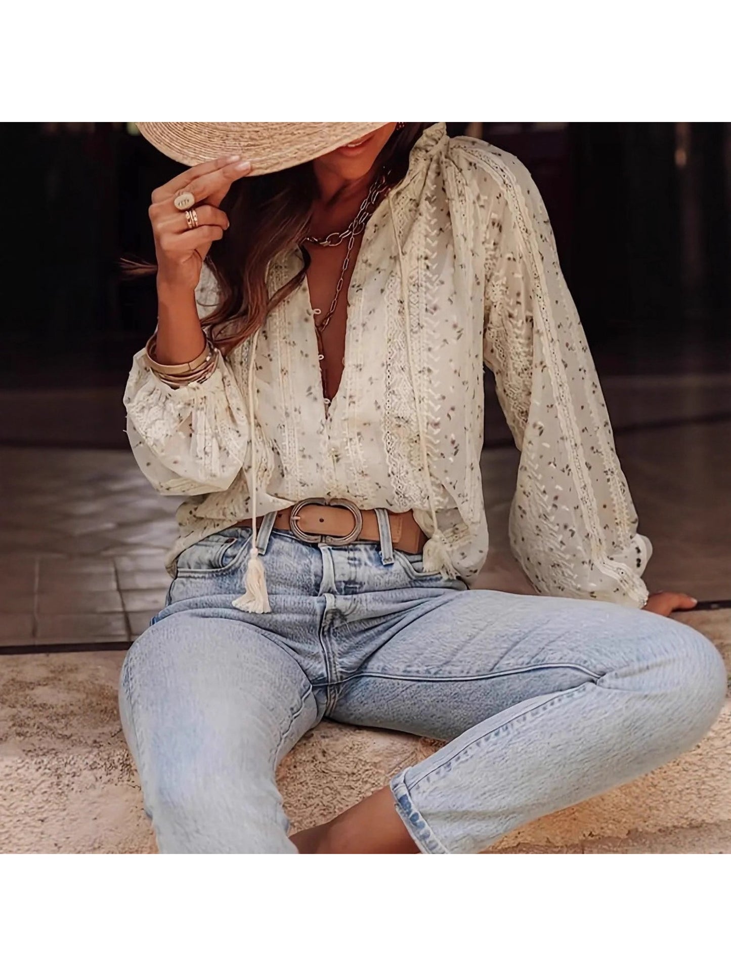 Women's Elegant Floral Lace Blouse with Puff Sleeves & - Boho-Chic White Shirt Jacket-like Button-Front Top, Bell Sleeves & Fringe Hem, Machine Washable Loose Fit for Spring\u002FFall (Casual to Wedding Events)