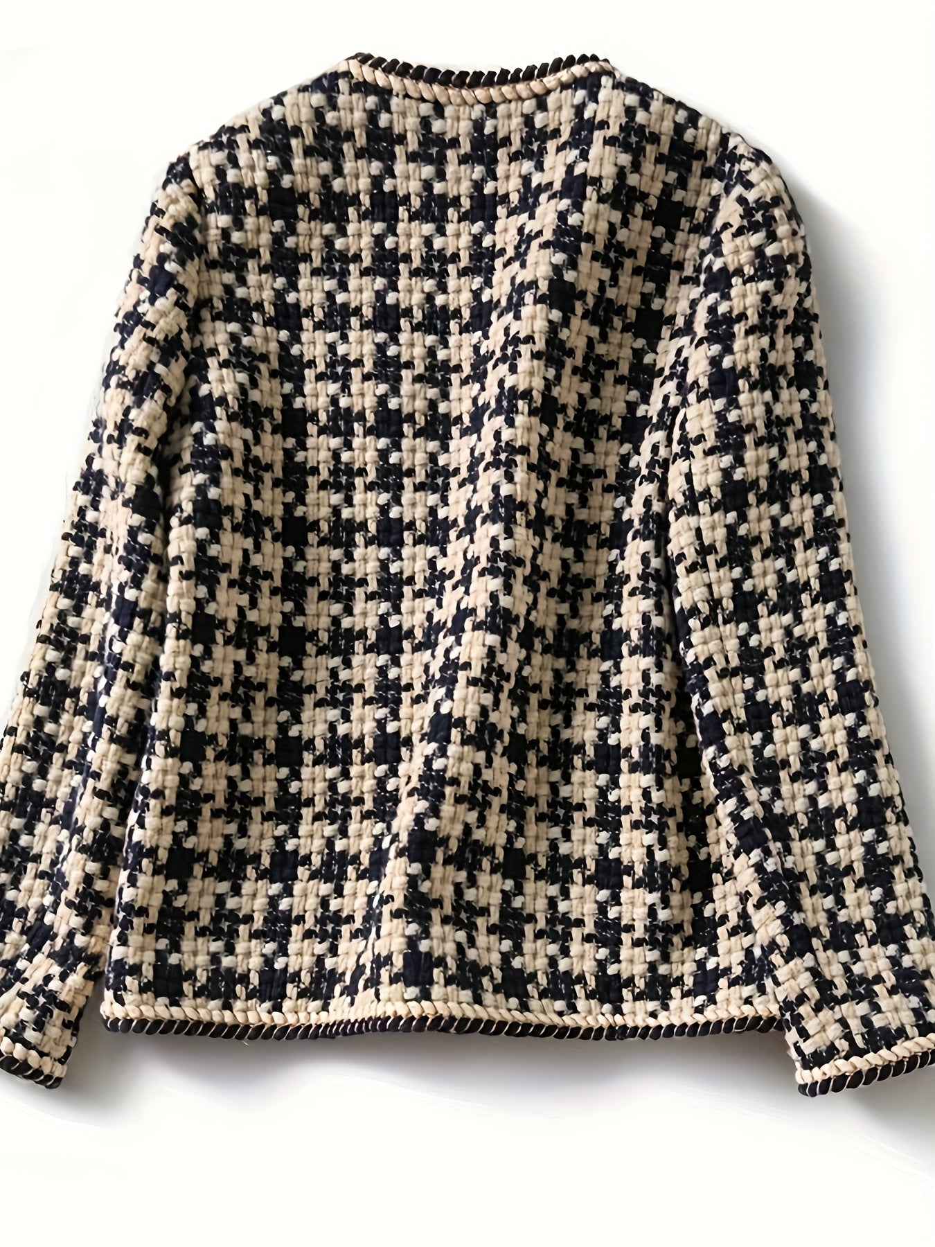 Women's Houndstooth Tweed Blazer Coat - Beige\u002F\u002FBlack\u002FBrown\u002FBurgundy Jacket with White Piping, Structured Collar & Button Front, Machine Washable British-Inspired Outerwear for Office, Weddings & Casual