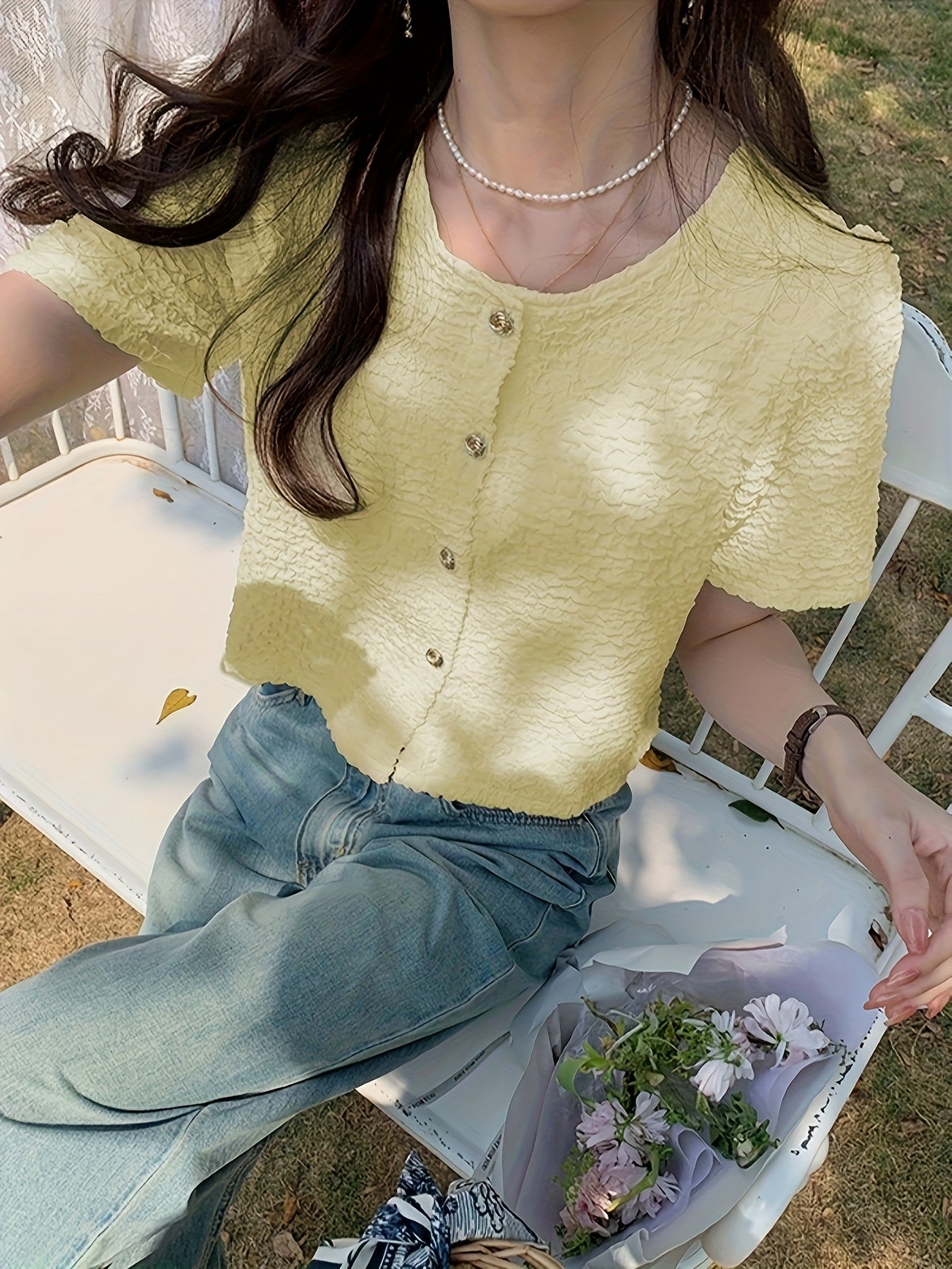 Summer New Unique And Beautiful Women'S French Style Shirt, Round Neck Short Sleeve, Button Up, Regular Fit, No Belt, No Padding, for Spring\u002FSummer\u002FFall