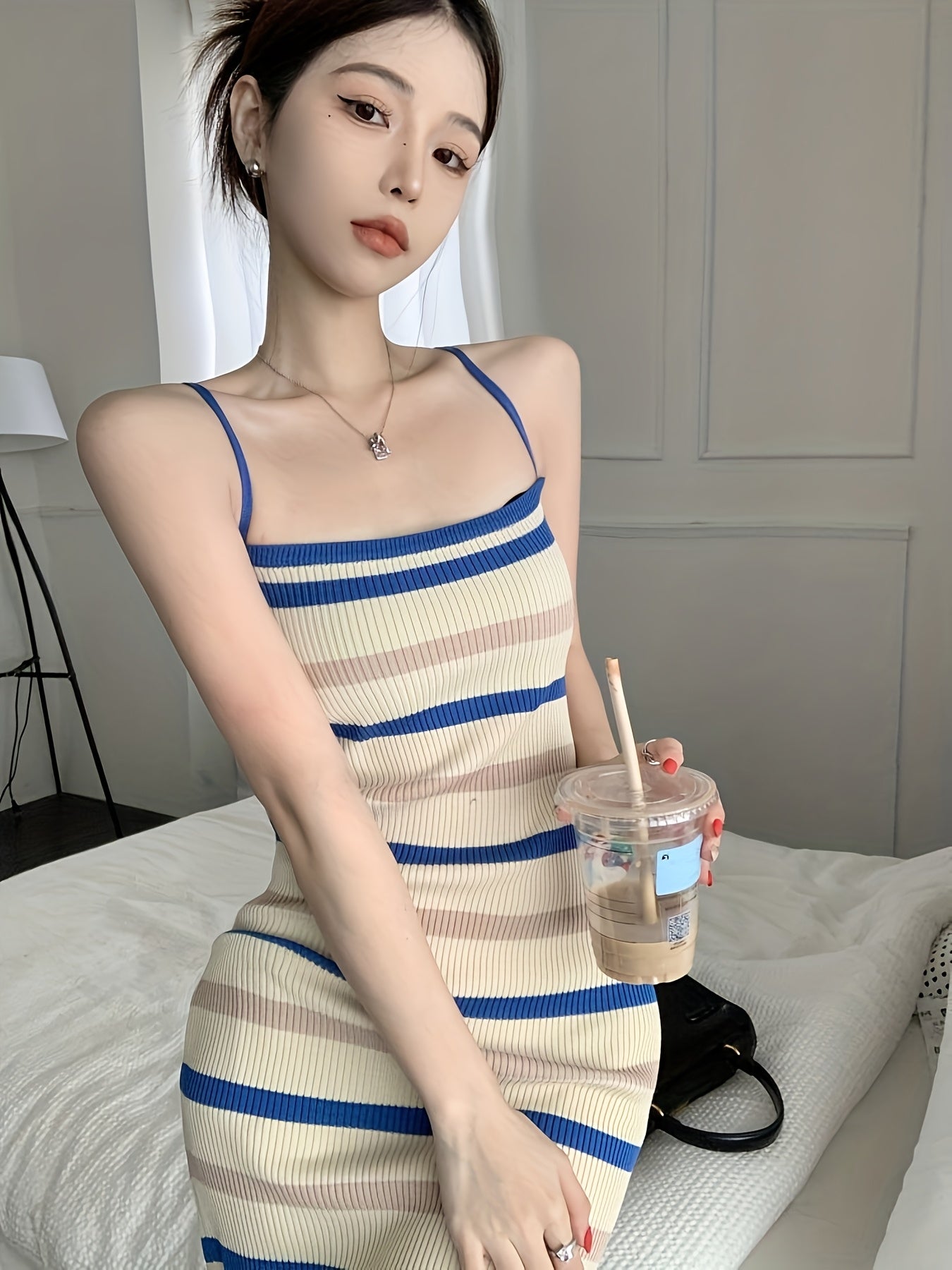 Women's French Striped Midi Dress - Strapless\u002FOne-Shoulder Boat Neck A-Line Layering Dress, Beige\u002FNavy\u002FWhite Horizontal Stripes, All-Season Slip Dress or Outerwear, Hand Washable Casual to Elegant Blouse