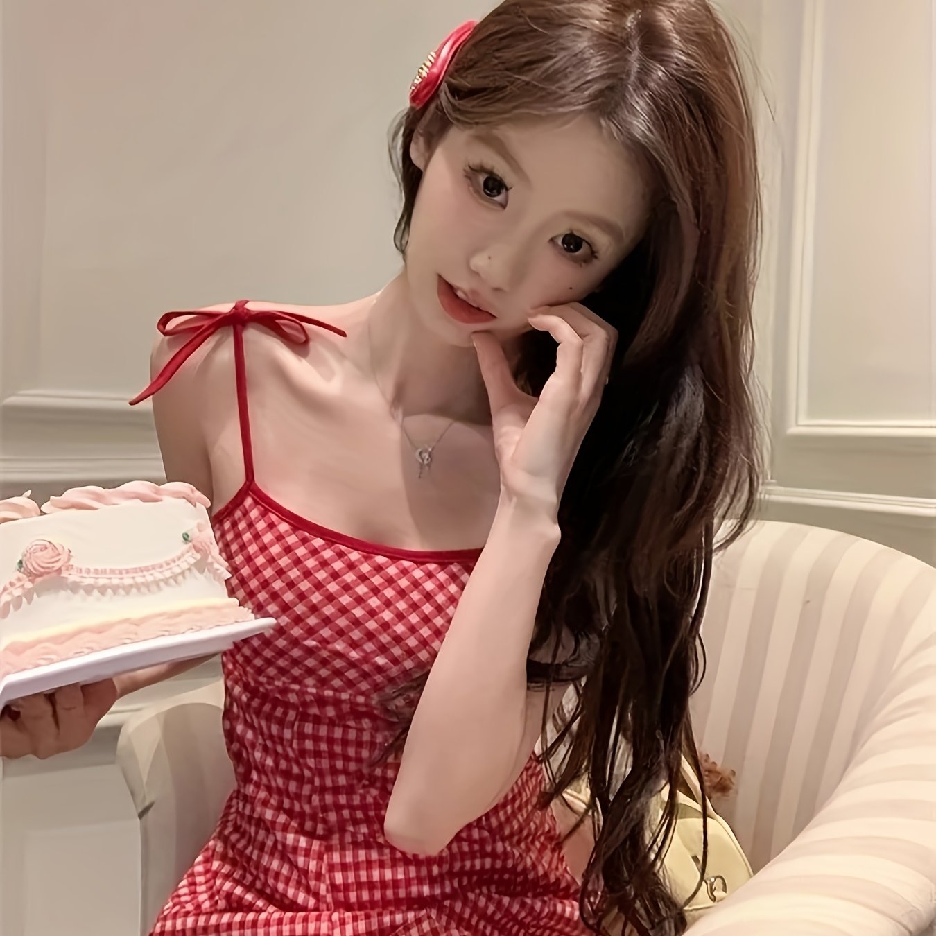 Women's Sweet Red & White Gingham Check A-Line Dress with Spaghetti Strap - Short to Mid-Length Flared Skirt, Round Neck Casual Summer Dress for Teens & Women, Machine Washable Outfit for Birthdays, Picnics & Casual Attire