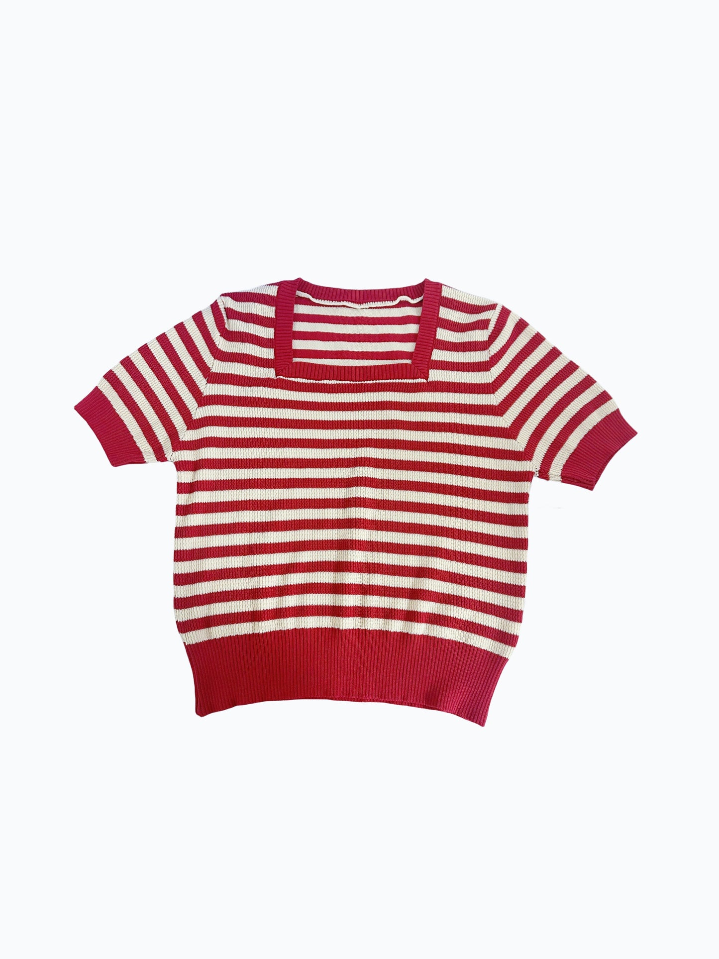 Striped Pattern Square Neck Top, Spring Summer Casual Short Sleeve Blouse, Women's Clothing