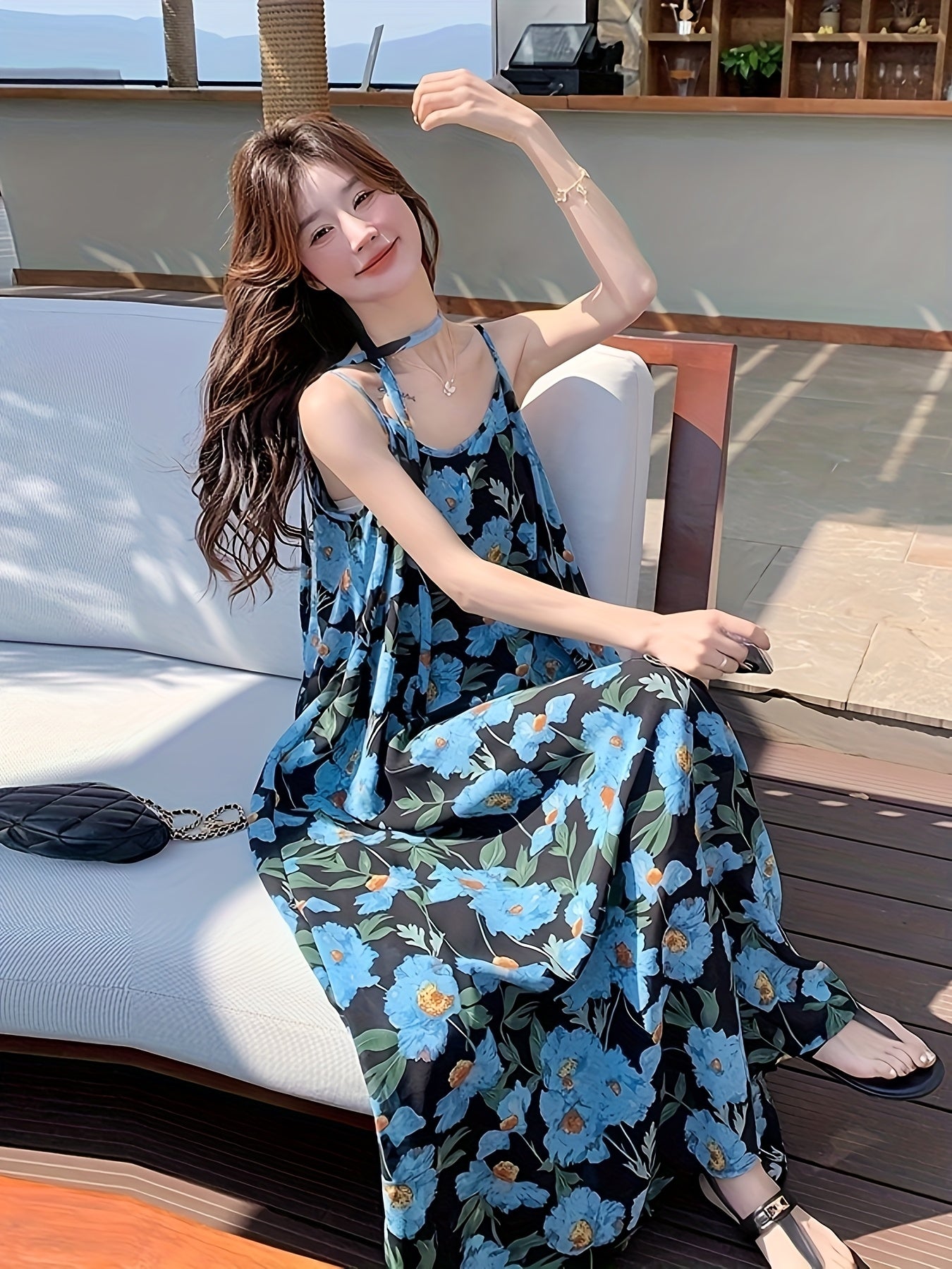 Women's Elegant Floral maxi dress - One-Shoulder\u002FSpaghetti Strap Beach party Outfit, Flowy A-Line Formal Casual Evening gown in Blue Floral Print for Women, Beach Dresses, Summer Fashion, Relaxed Fit Fabric