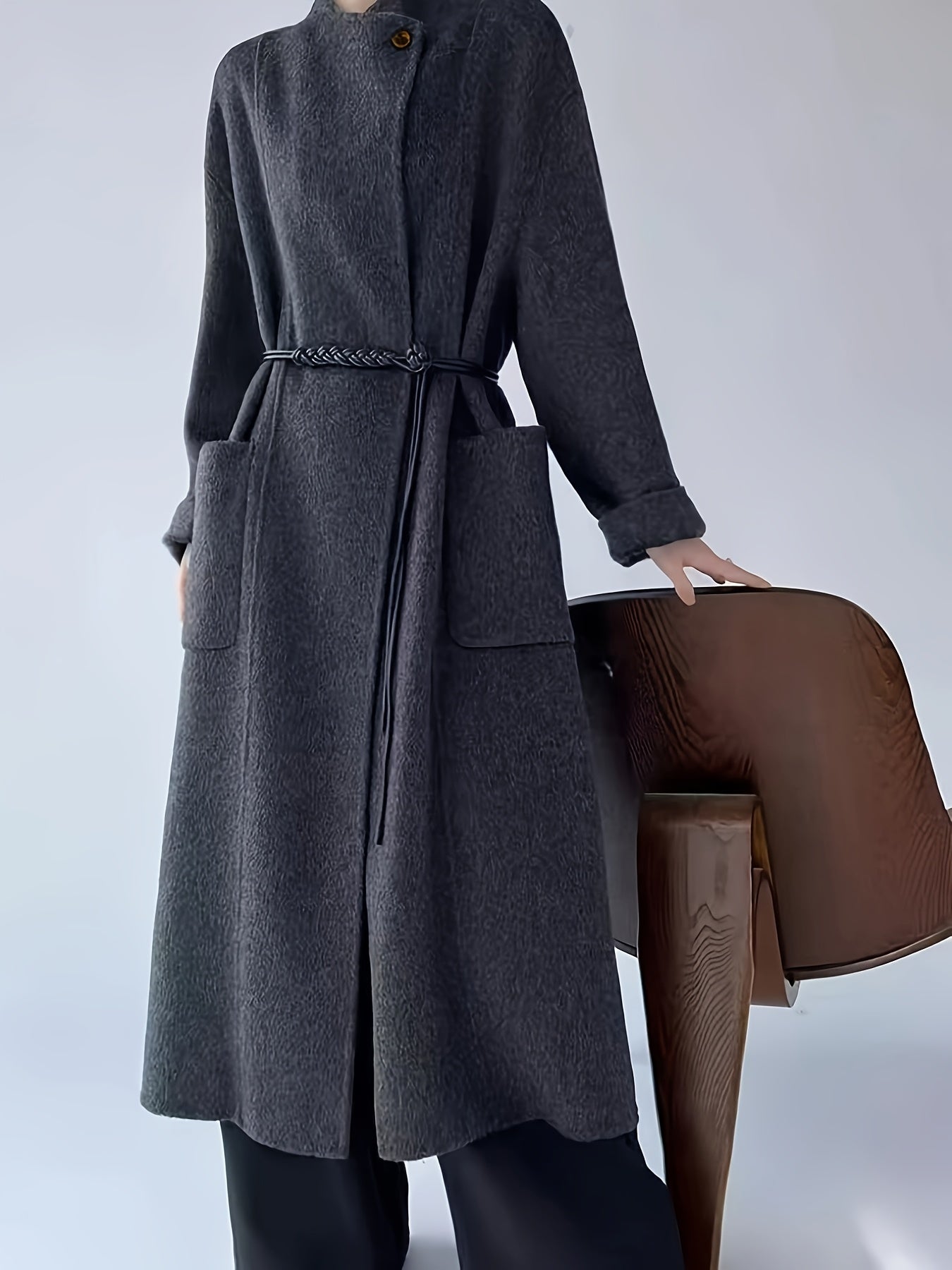 Women'S Elegant Long Coat with Adjustable Belt - Slim Fit, Solid Color, Long Sleeve, Loose Fit, X-Style Design for Fall\u002FWinter, Elegant Outerwear | Slim Fit Coat | Structured Coat