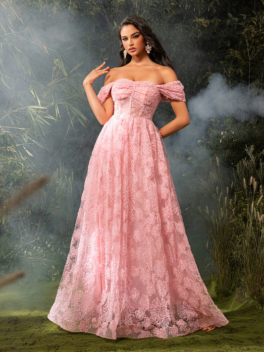 Elegant Off-Shoulder Pink Floral Mesh Gown with Ruffled Sleeves and Train - Perfect for Weddings, Parties, and Formal Events, Formal Event Dress | Offshoulder Dress | Polyester Fabric
