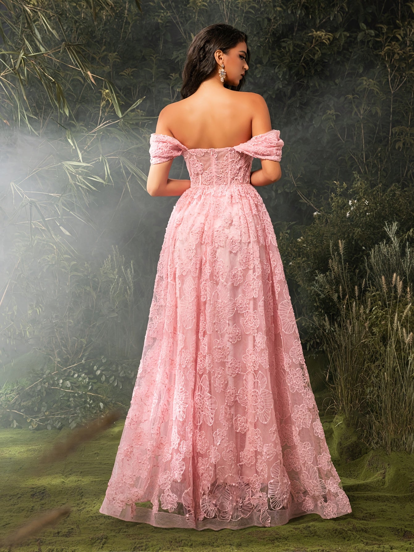 Elegant Off-Shoulder Pink Floral Mesh Gown with Ruffled Sleeves and Train - Perfect for Weddings, Parties, and Formal Events, Formal Event Dress | Offshoulder Dress | Polyester Fabric