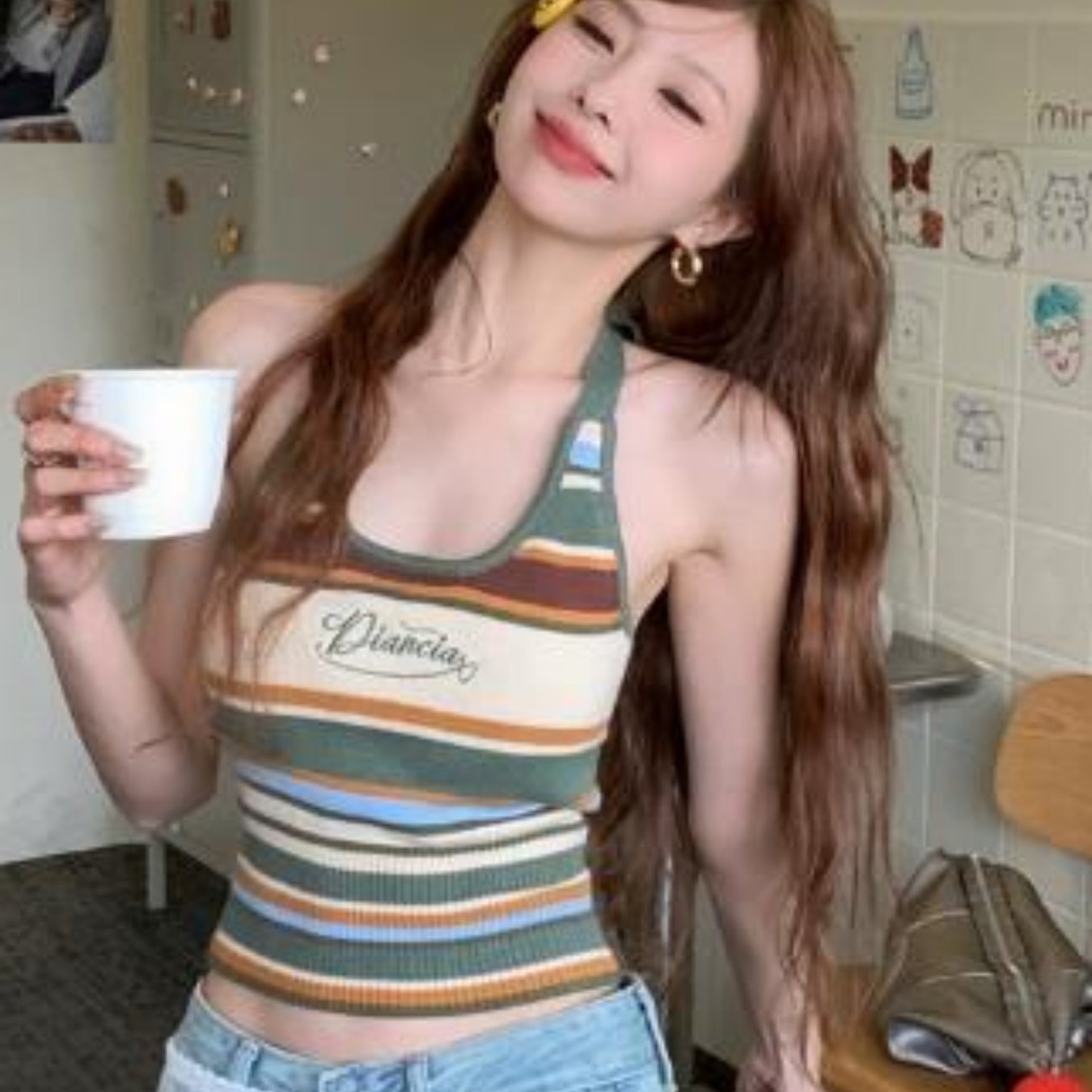 Women's Retro Halter Neck Cami Top - Open Back Knit Striped Tank with Multi-Color Block Design, Breathable Sleeveless Party & Casual Tops for Spring Summer Fall, Summer Fashion | Offshoulder Fashion | Soft Texture, Ladies Tank Tops