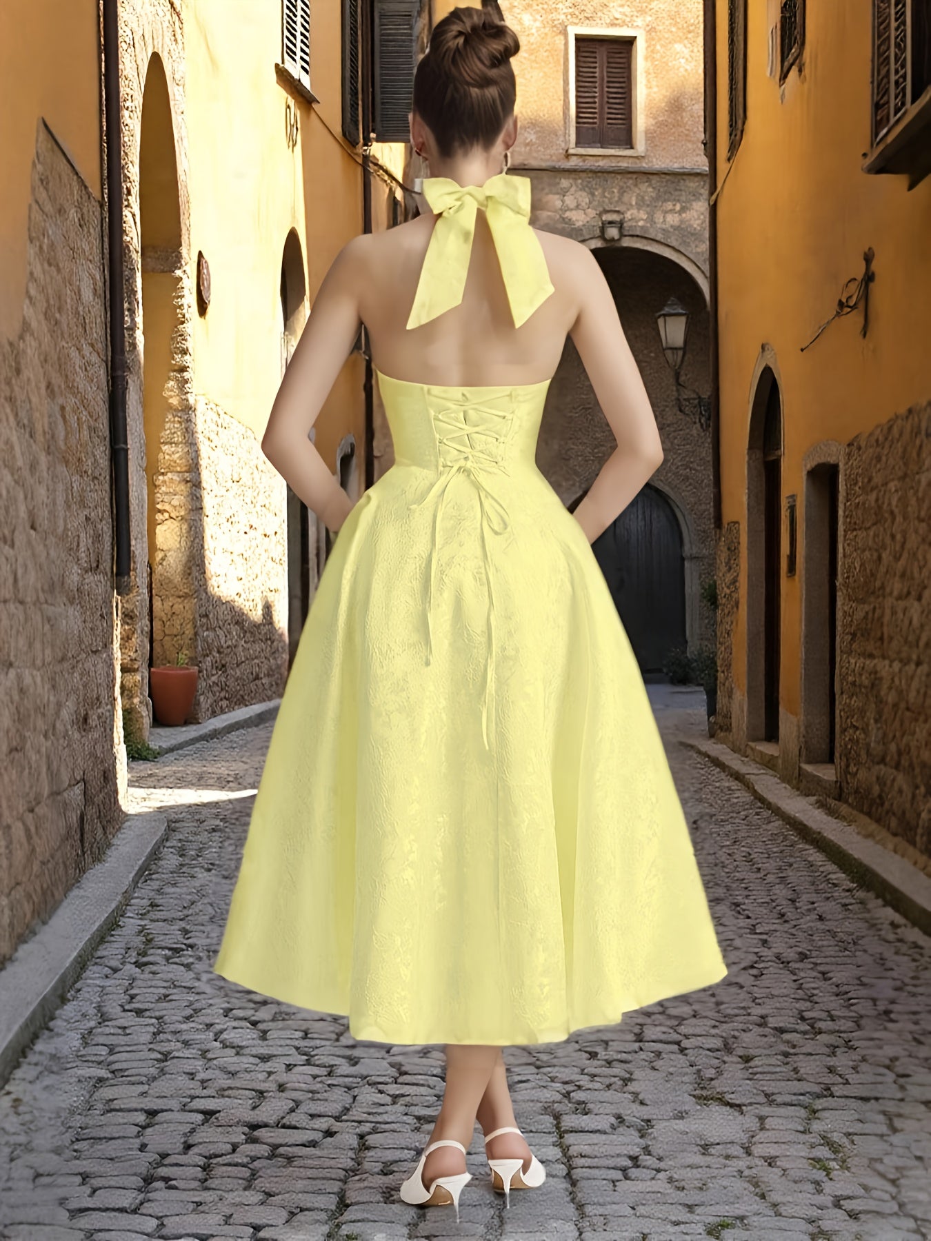 Women'S Elegant Formal Party dress - V-Neck Halterneck Evening gown, Sleeveless backless wedding & gala dress, flared long skirt for Prom, Awards Ceremony - Spring\u002FSummer\u002FAutumn Formal Attire, Prom Dress, Sophisticated Detailing