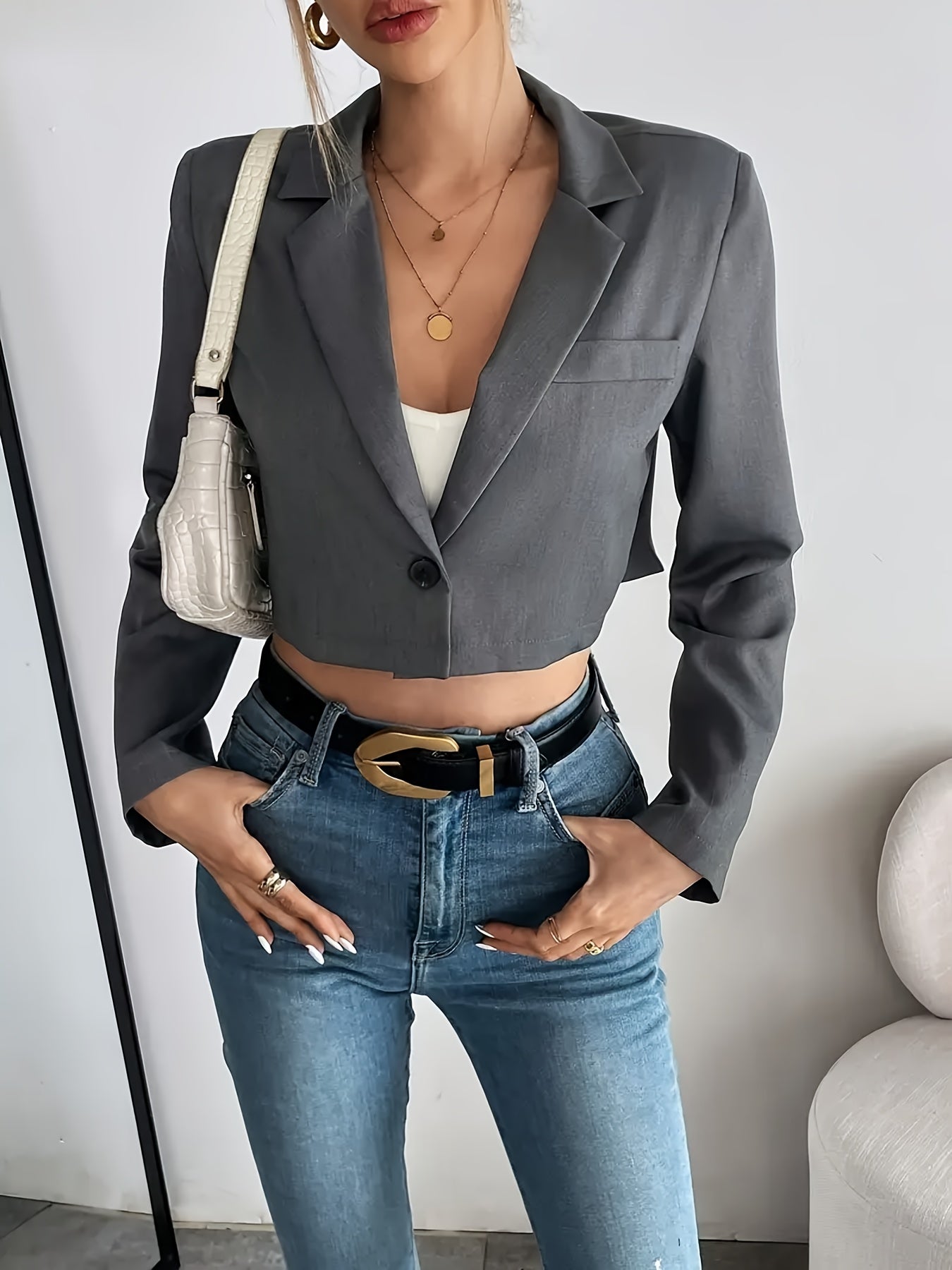 Women'S Stylish Gray Single-Breasted Blazer - Long Sleeve, Cropped Fit, Polyester, Casual to Semi-Formal Wear, Casual Wear Blazer | Cropped Blazer | Polyester Blazer