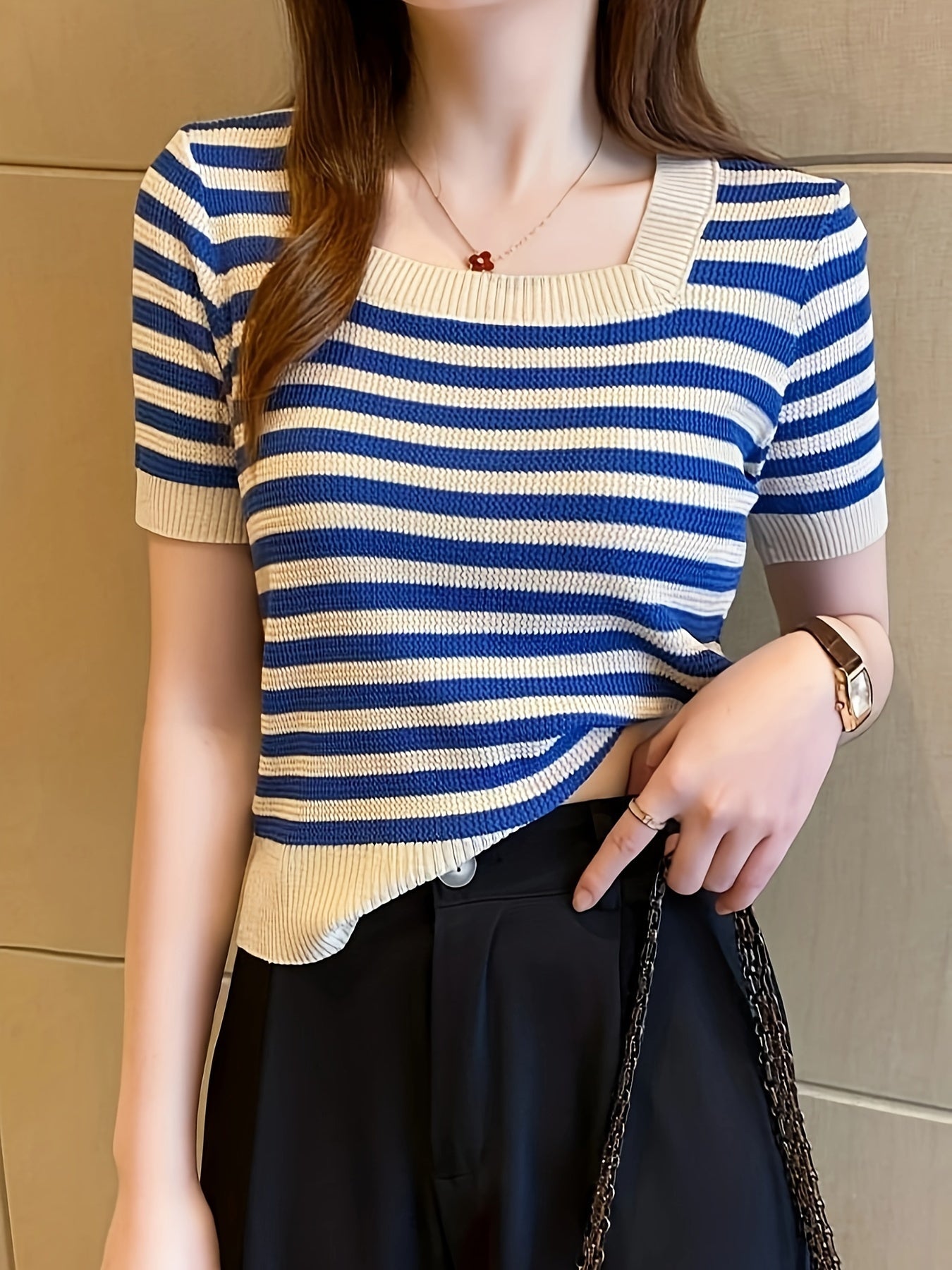 Striped Pattern Square Neck Top, Spring Summer Casual Short Sleeve Blouse, Women's Clothing