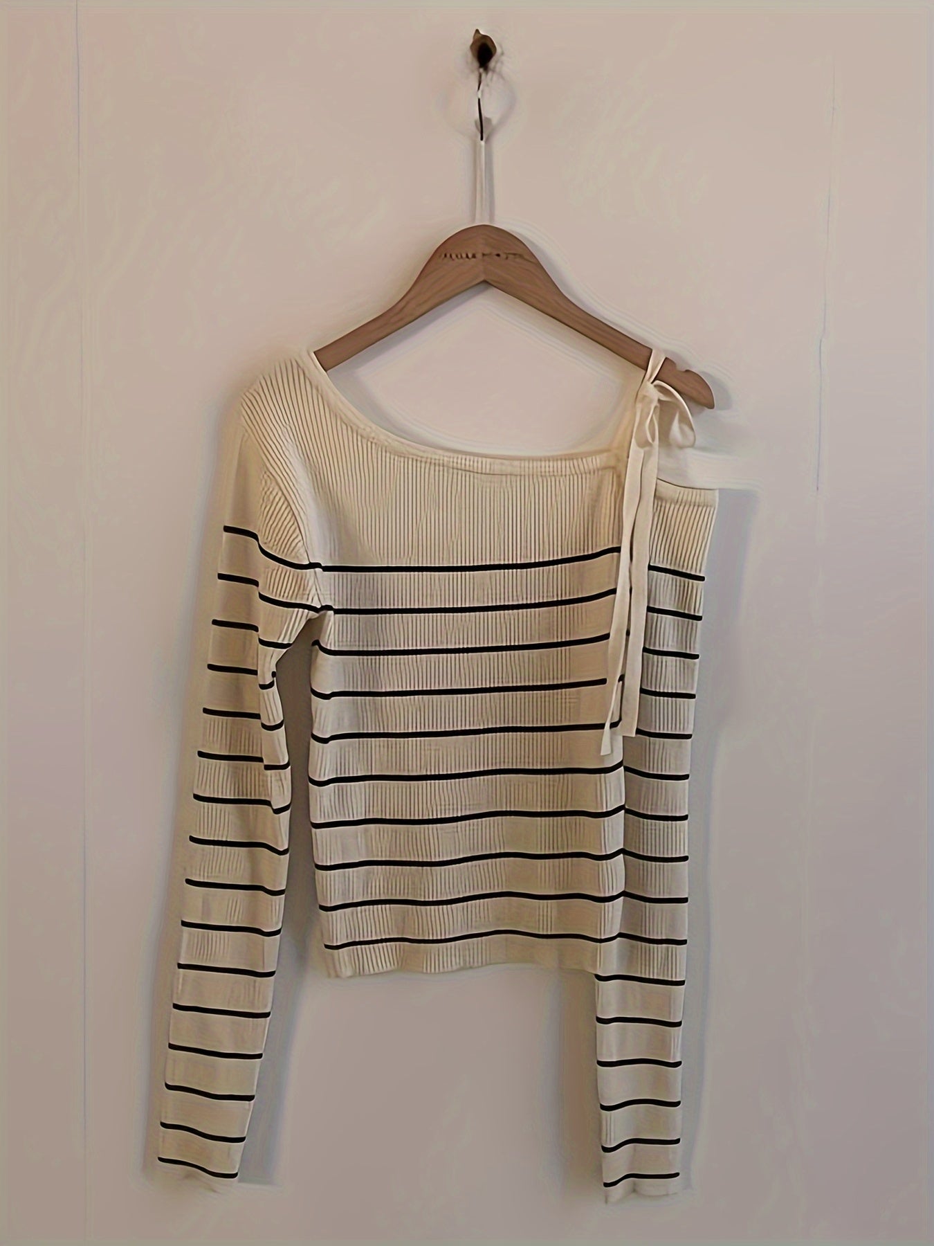 Women's Chic Off-Shoulder Sweater T-Shirt - Black & White Horizontal Stripes, Adjustable Drawstring Neckline, Medium Stretch Top for Fall\u002FWinter, Elegant Casual Everyday Formal Outfits, Fall Fashion, Comfortable Fit