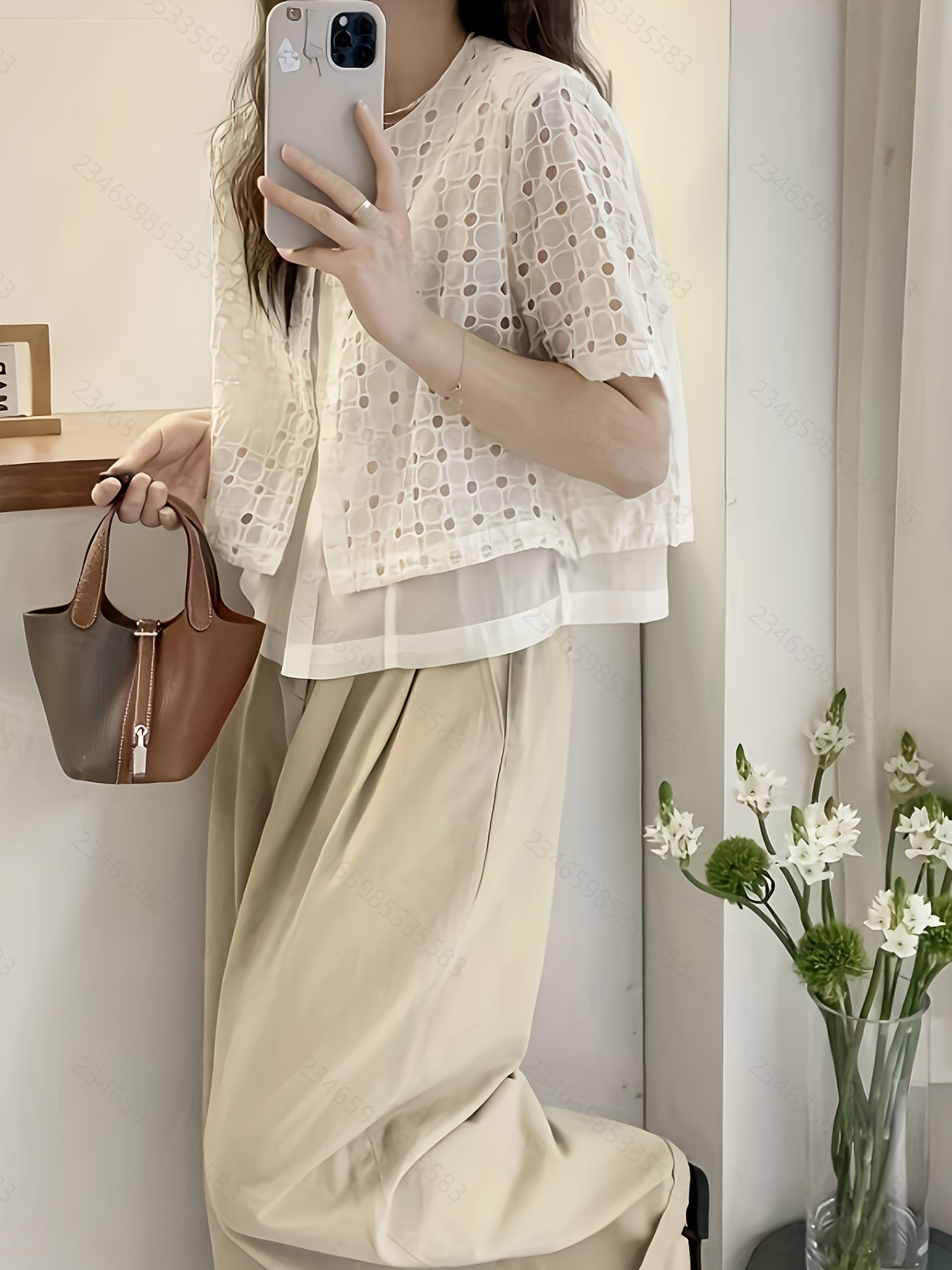 1 Women'S Summer Fake Two-Piece Short-Sleeved Shirt - Hollow Hook Flower Round Collar Open Single-Breasted Design, Loose, Thin And Breathable, Hollow Outer Layer And Thin Inner Lining, Comfortable And Versatile, Fashionable And High-End