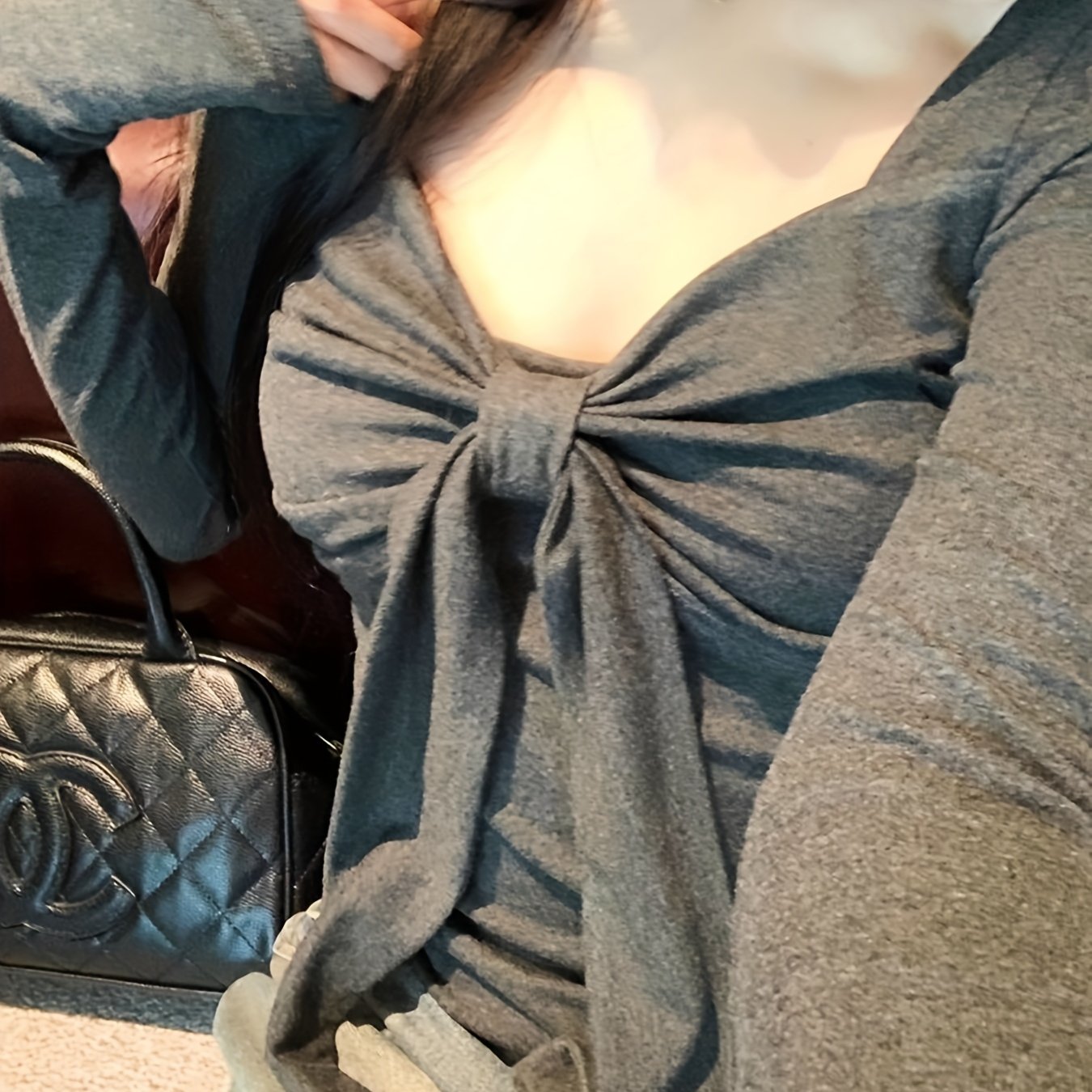 Chic French-Inspired Bow Tie Long Sleeve Crop Top for Women - Slim Fit, Ruched Design, Soft & Stylish, Perfect for Spring\u002FFall, Solid Color, Versatile Layering Piece, Autumn Chic Top | Chic Long Sleeve Top | Ruched Detailing