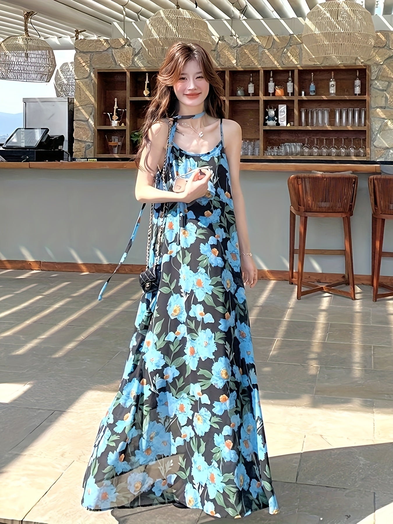 Women's Elegant Floral maxi dress - One-Shoulder\u002FSpaghetti Strap Beach party Outfit, Flowy A-Line Formal Casual Evening gown in Blue Floral Print for Women, Beach Dresses, Summer Fashion, Relaxed Fit Fabric