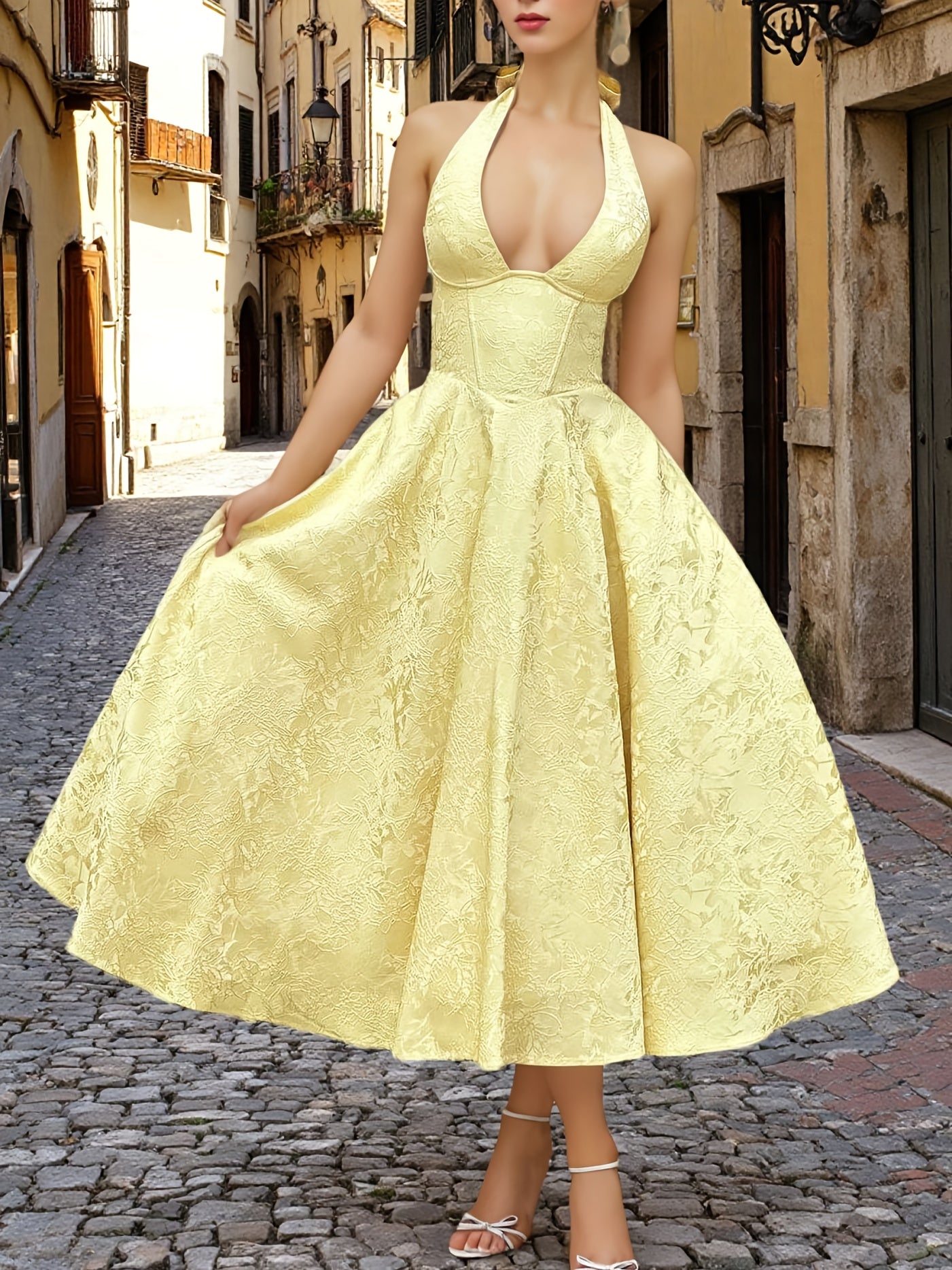 Women'S Elegant Formal Party dress - V-Neck Halterneck Evening gown, Sleeveless backless wedding & gala dress, flared long skirt for Prom, Awards Ceremony - Spring\u002FSummer\u002FAutumn Formal Attire, Prom Dress, Sophisticated Detailing