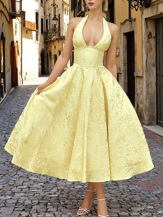 Women'S Elegant Formal Party dress - V-Neck Halterneck Evening gown, Sleeveless backless wedding & gala dress, flared long skirt for Prom, Awards Ceremony - Spring\u002FSummer\u002FAutumn Formal Attire, Prom Dress, Sophisticated Detailing