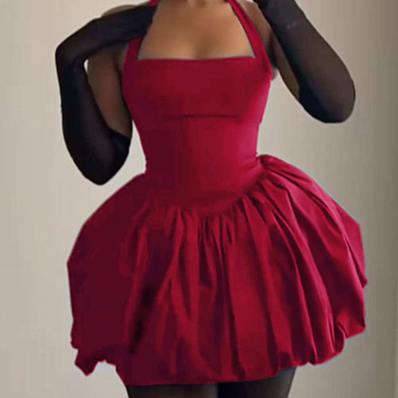 Elegant Halter Neck Dress Elegant Red Halter Neck Mini Dress | Asymmetrical Hem, Ruffled Waist, Sleeveless - Polyester, Solid Color, Spring\u002FSummer\u002FFall Fashion, Women's Attire